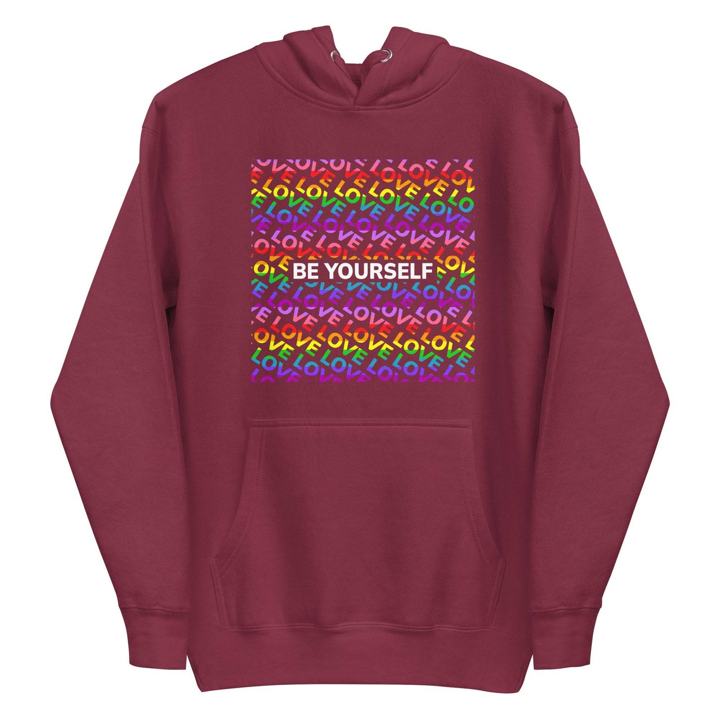 Introducing the Be Yourself Hoodie by Pridelity: a black hoodie adorned with a vibrant square pattern and the uplifting message "LOVE YOURSELF" in rainbow colors repeated inside. This striking piece of Pride merch is sure to stand out, making it an ideal addition to any Pride collection with its emphasis on positivity.