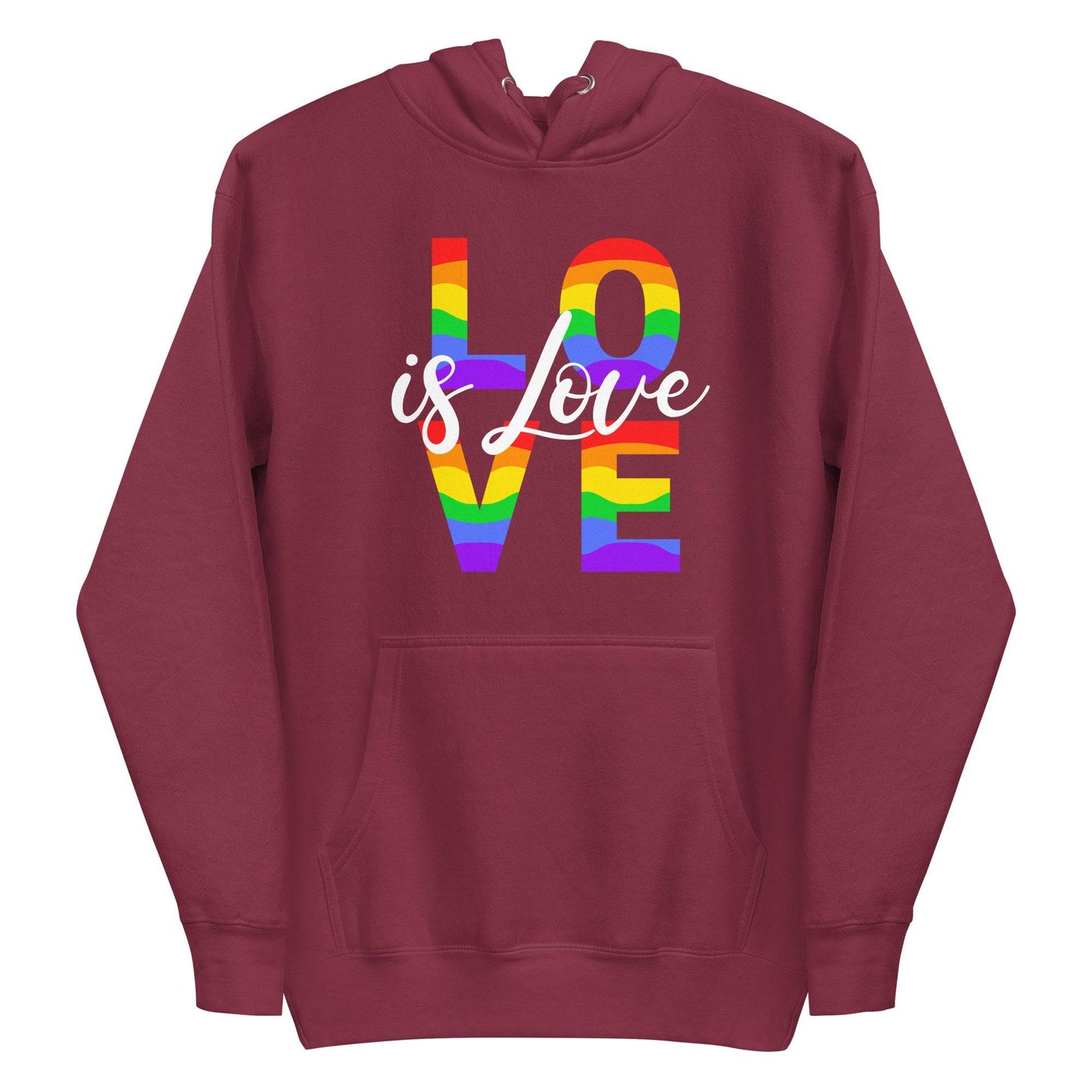 Pridelity introduces the Love Hoodie, a stylish black garment that celebrates pride. It showcases "LOVE is Love" on the front, with "LOVE" adorned in a vibrant rainbow pattern and "is Love" elegantly scripted in white cursive. Designed for both comfort and style, this pride hoodie includes a kangaroo pocket and drawstrings.