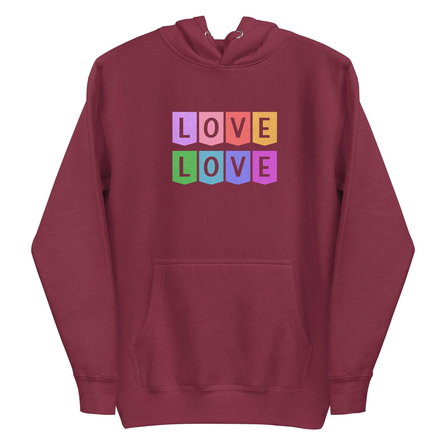 The Pridelity Love Love Hoodie is a white hoodie showcasing a colorful block design on the chest, with the word "LOVE" written twice and each letter featured in its own square. The vibrant colors—pink, purple, orange, green, and blue—make it an ideal addition to your pride shirts collection. It also includes a front pocket and drawstring hood for added comfort and style.