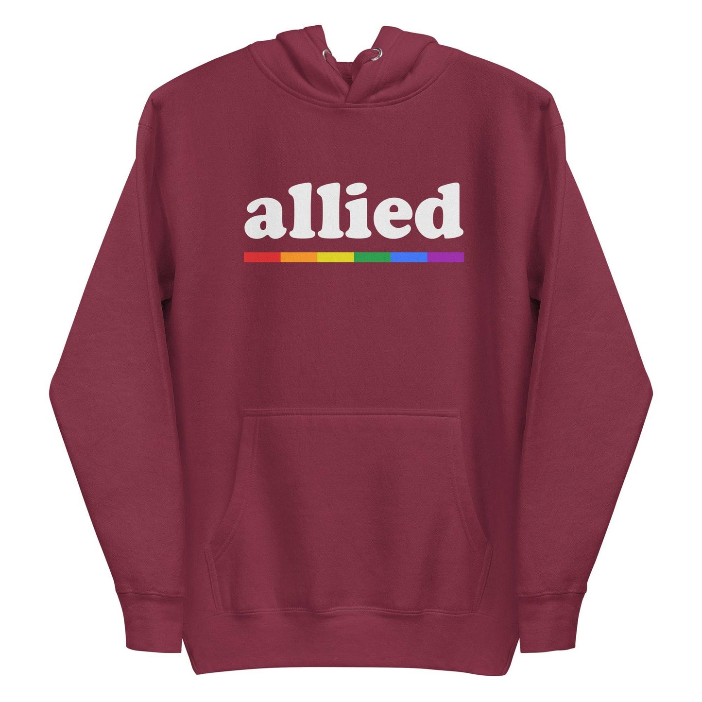 Introducing the Allied Hoodie by Pridelity: a black hoodie that showcases the word "allied" in white text above a striking rainbow stripe, making it a standout piece from our Pride Collections.
