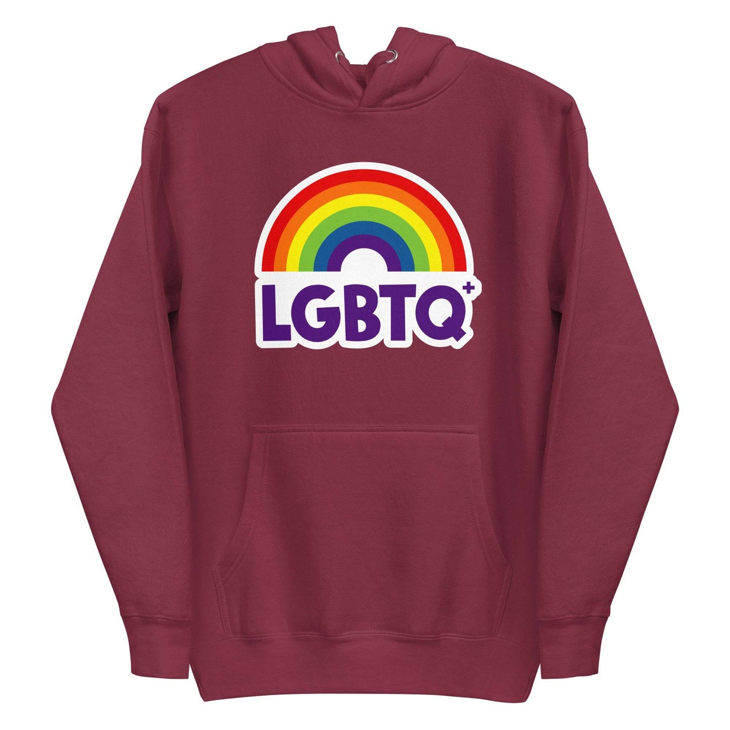 The Pridelity LGBTQ+ Hoodie, with its vibrant purple hue, showcases a rainbow design above the "LGBTQ+" text on the front. Perfect for pride enthusiasts, it includes a spacious front pocket and a hood equipped with drawstrings.