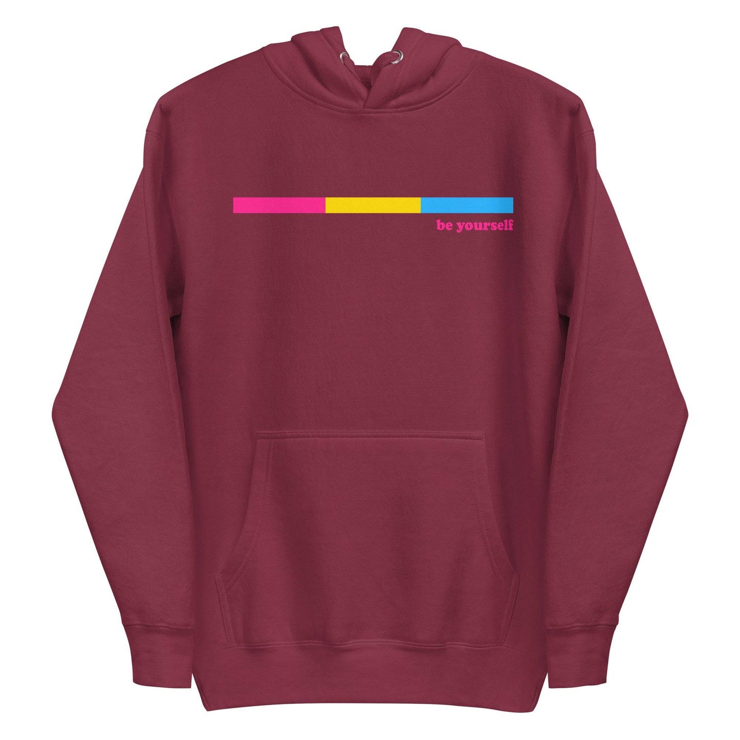 Celebrate your individuality with Pridelity's Pansexual Hoodie in black, showcasing a sleek and minimalist design. It features a striking horizontal bar in magenta, yellow, and blue, accompanied by the empowering text "be yourself" in pink—making it not just an item of clothing, but a bold statement.