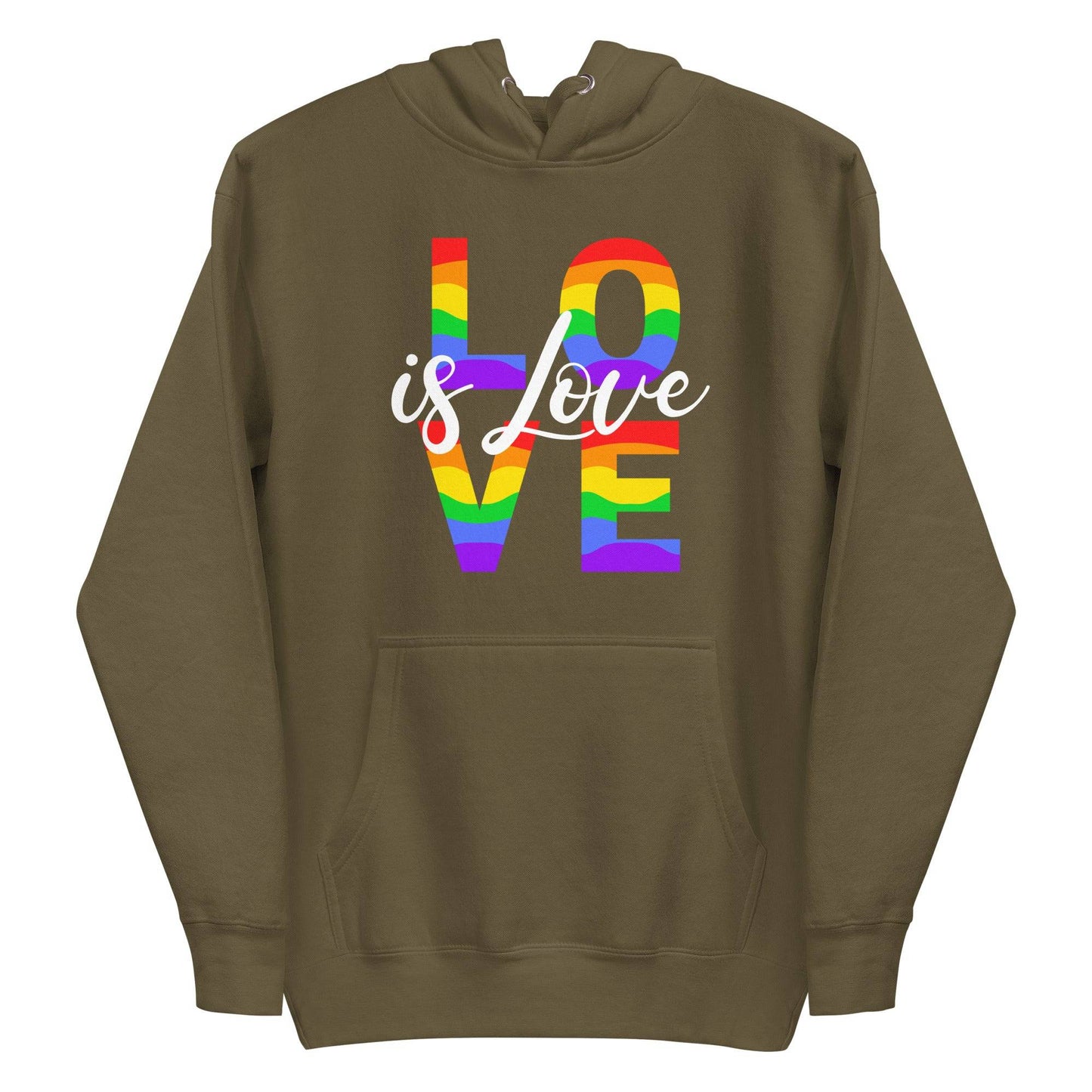 Pridelity introduces the Love Hoodie, a stylish black garment that celebrates pride. It showcases "LOVE is Love" on the front, with "LOVE" adorned in a vibrant rainbow pattern and "is Love" elegantly scripted in white cursive. Designed for both comfort and style, this pride hoodie includes a kangaroo pocket and drawstrings.