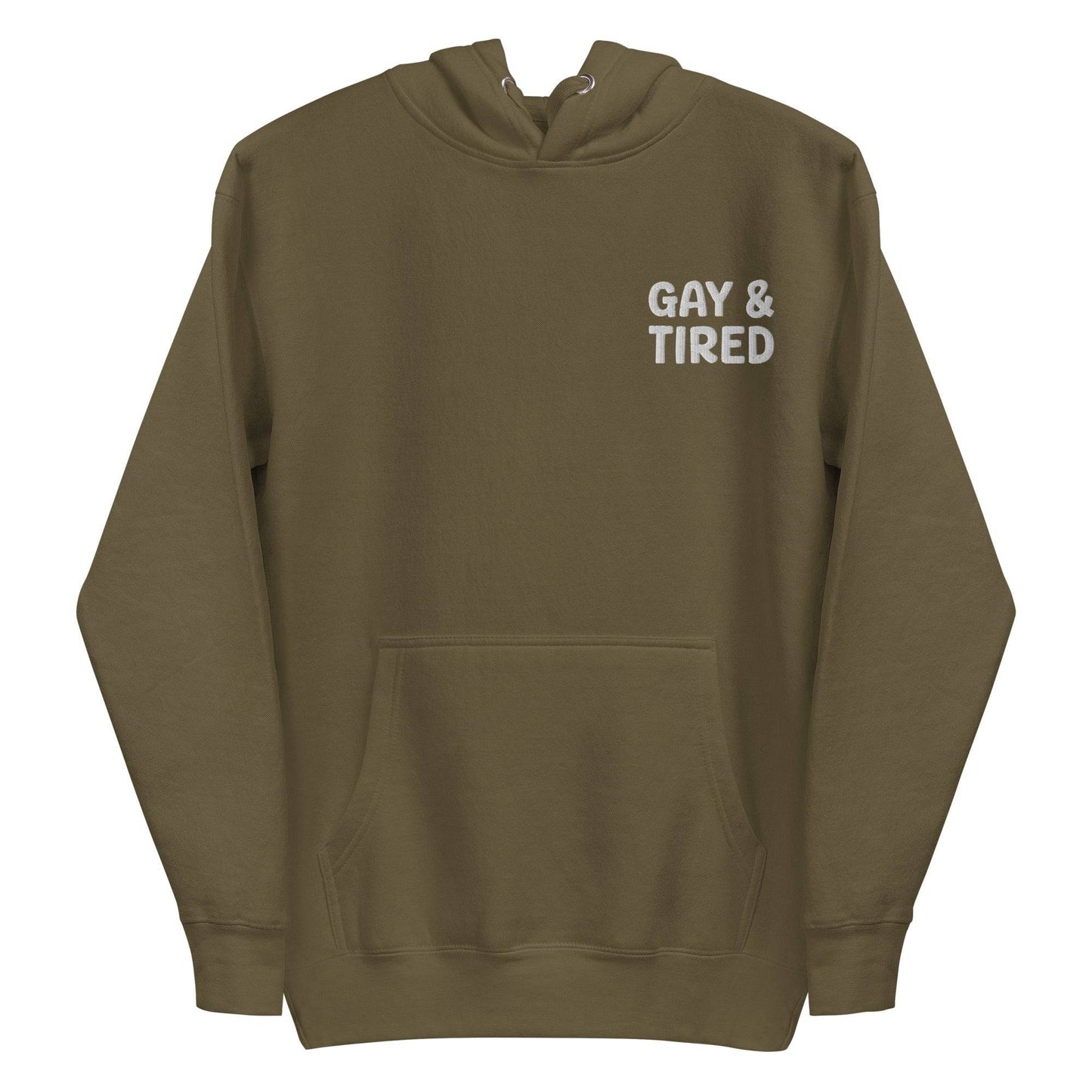 The Gay & Tired Hoodie by Pridelity is a black pride hoodie featuring white text on the upper left side that reads "GAY & TIRED." It comes with a front pocket and drawstrings for the hood.