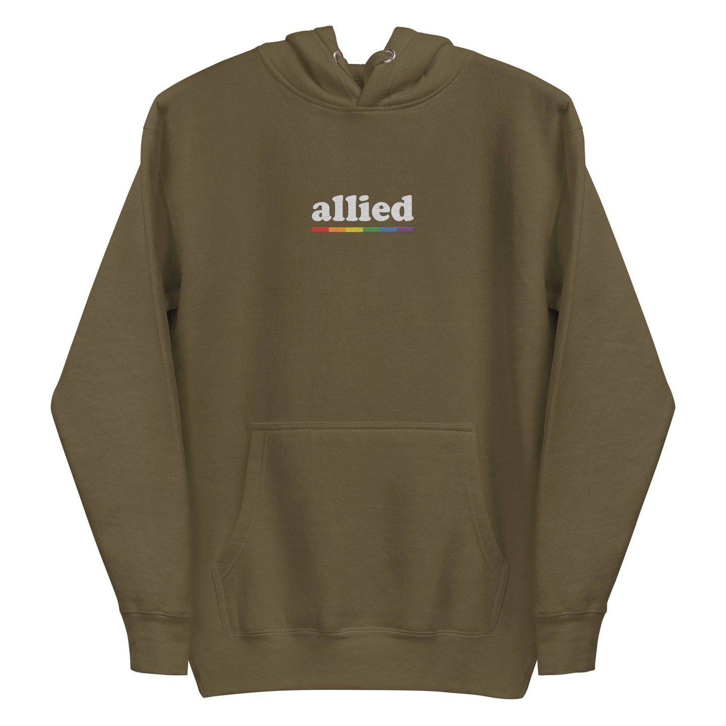 The Allied Hoodie by Pridelity is a black hoodie adorned with the word "allied" in white text across the chest, accompanied by a vibrant horizontal rainbow stripe below. This piece of Pride Merch features a front pocket and a drawstring hood, effortlessly combining comfort with meaningful expression.