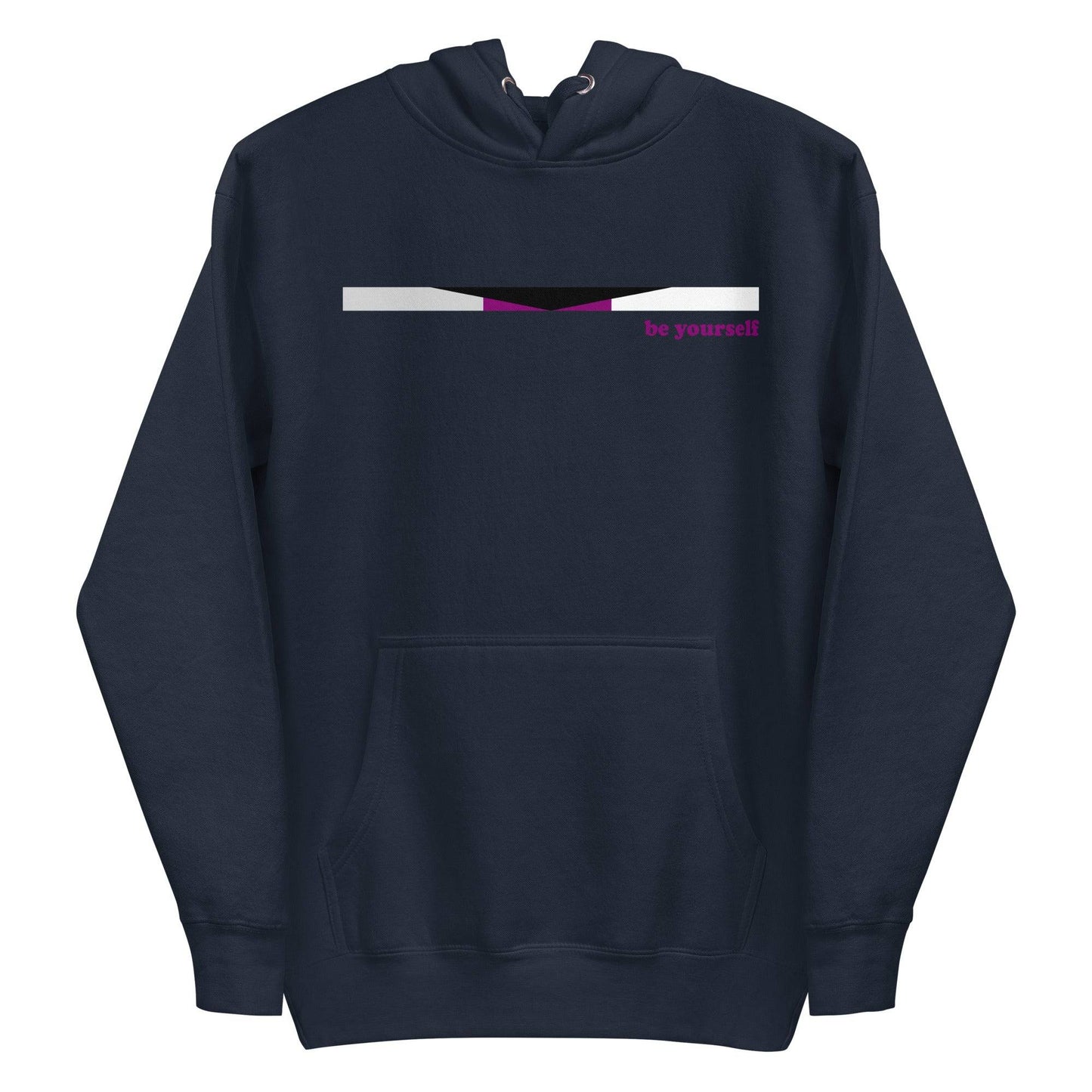 The Demisexual Hoodie by Pridelity is a stylish purple hoodie that highlights a small pride flag design across the chest, featuring black, gray, white, and purple stripes. Bold red text beside the flag reads "be yourself." It also includes a convenient front pocket and a cozy drawstring hood for ultimate comfort.