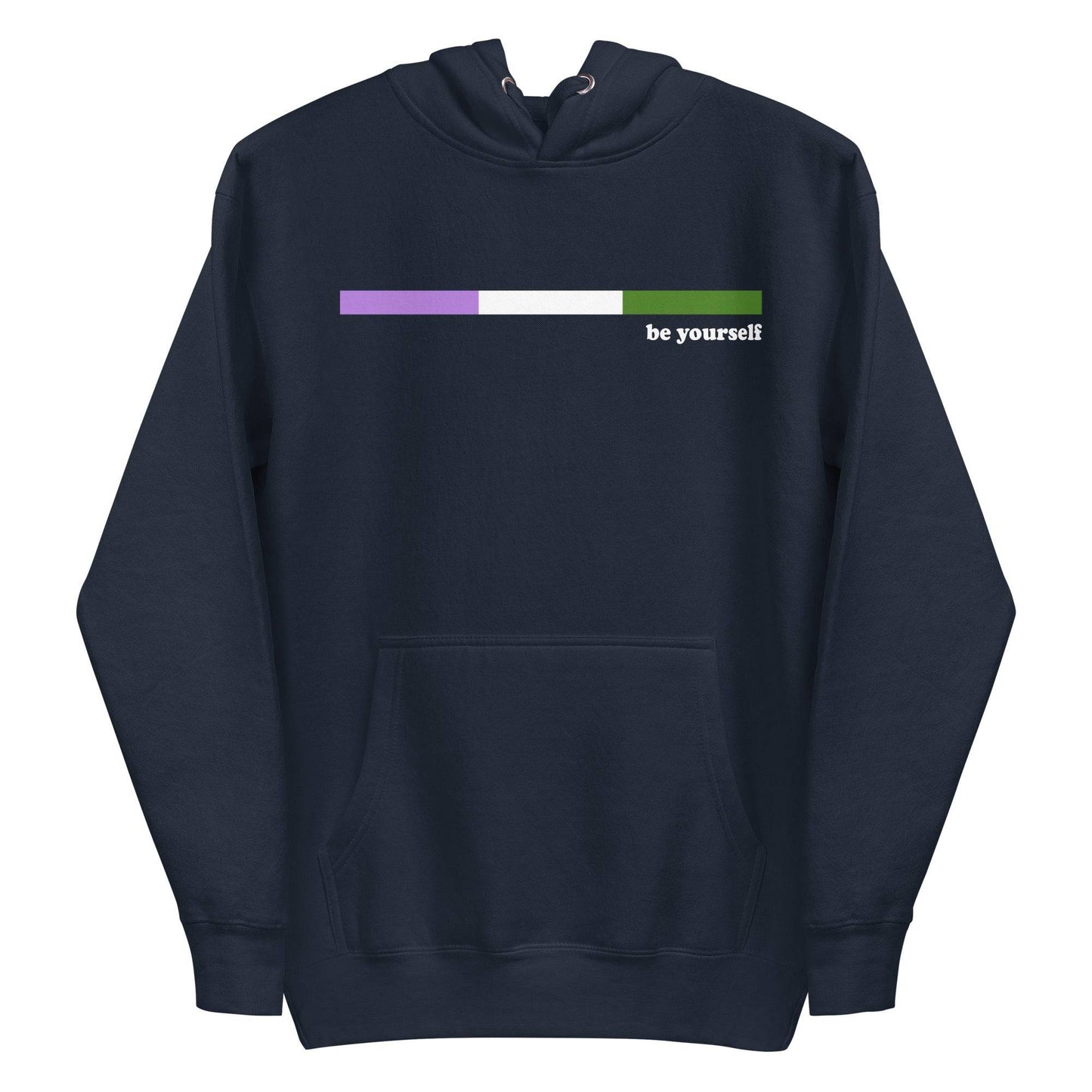 The Genderqueer Hoodie by Pridelity showcases a purple design with a genderfluid pride flag on the chest. Displaying the phrase "be yourself" in white next to the flag, it includes a front pocket and drawstring hood, making it ideal for expressing your true self in style.