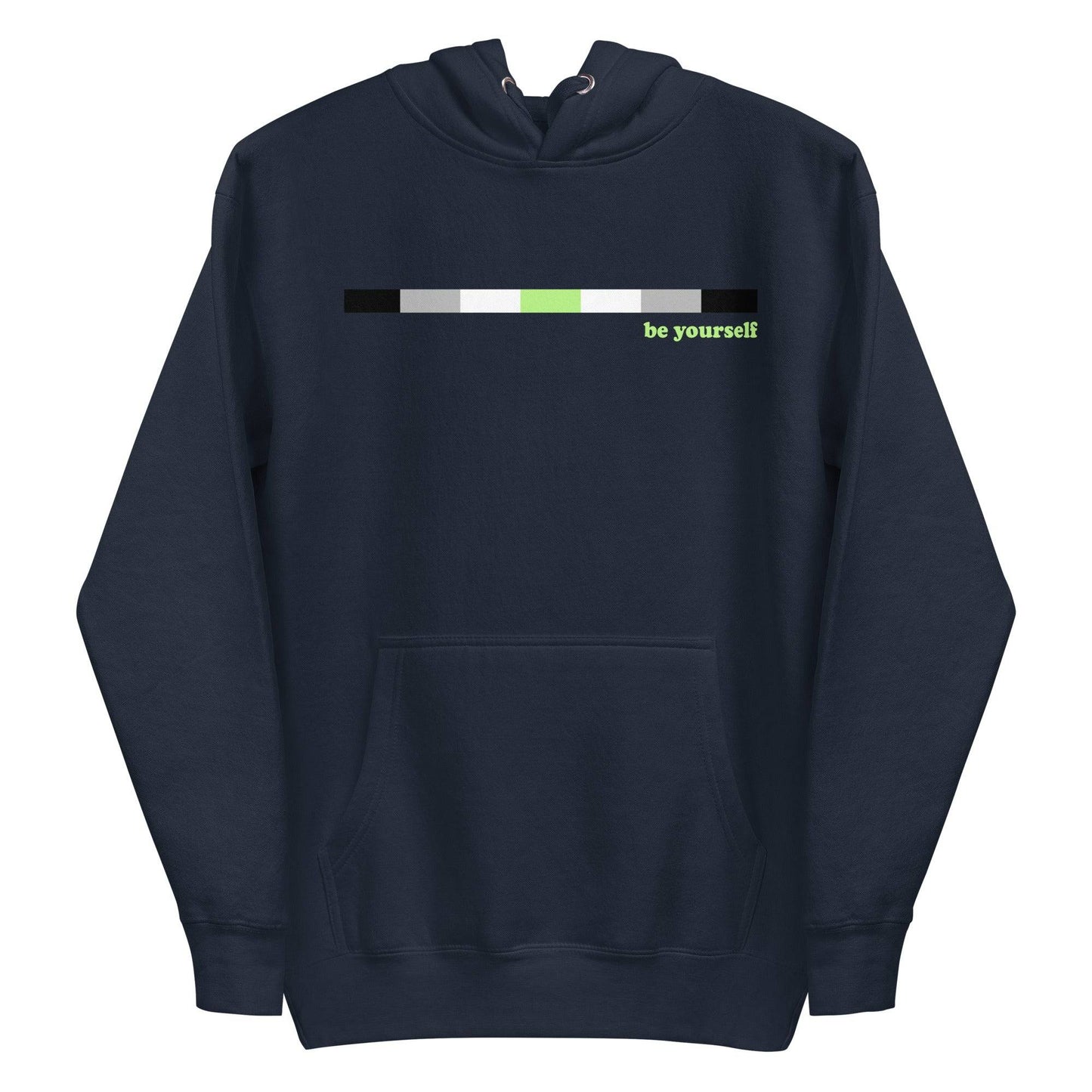 Introducing the Pridelity Agender Hoodie: a navy blue hoodie featuring a horizontal color bar in black, gray, white, and green. Adjacent to the bar on the right side is green text that reads "be yourself." This exclusive item from our Pride Collection includes a front pocket and drawstring hood.