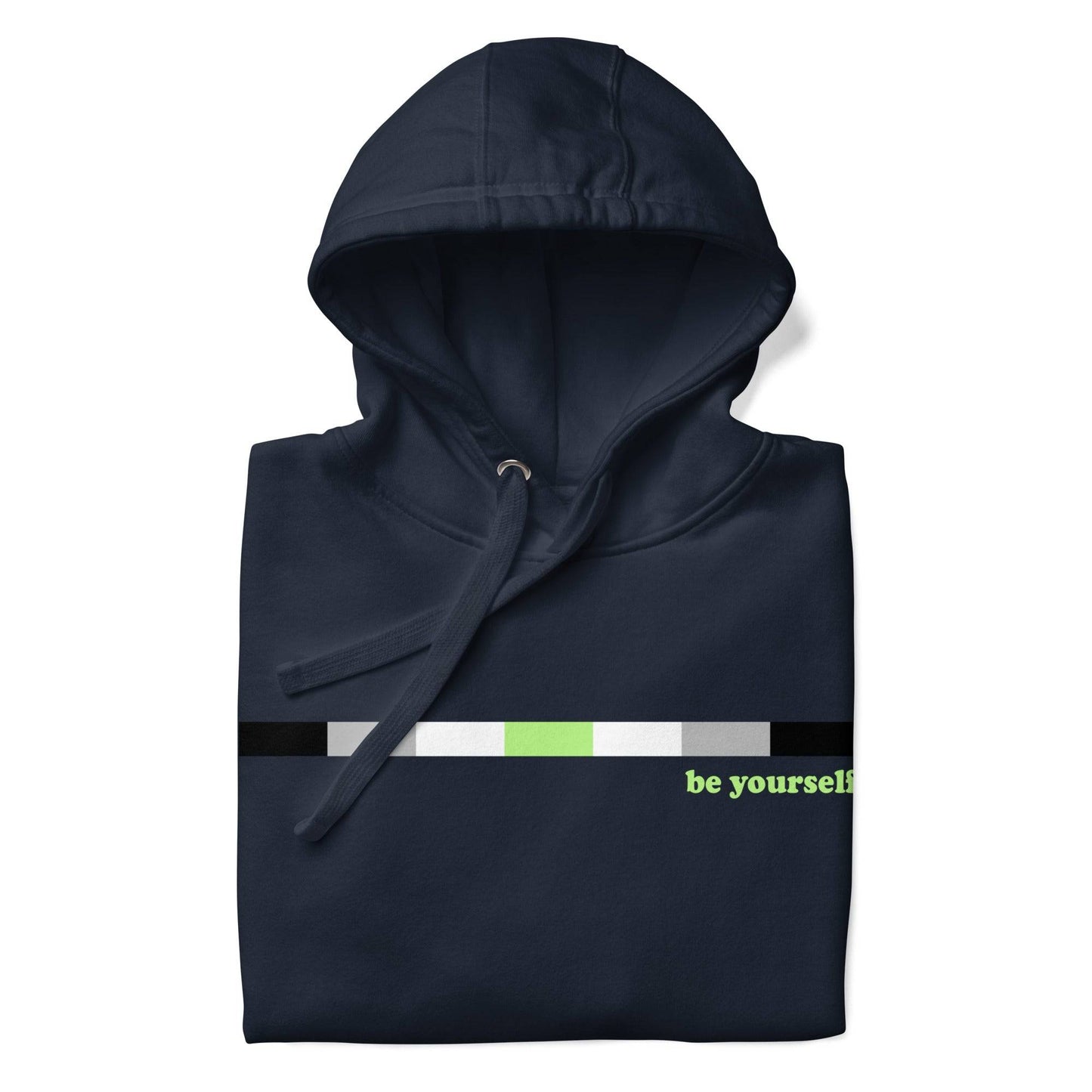Introducing the Pridelity Agender Hoodie: a navy blue hoodie featuring a horizontal color bar in black, gray, white, and green. Adjacent to the bar on the right side is green text that reads "be yourself." This exclusive item from our Pride Collection includes a front pocket and drawstring hood.