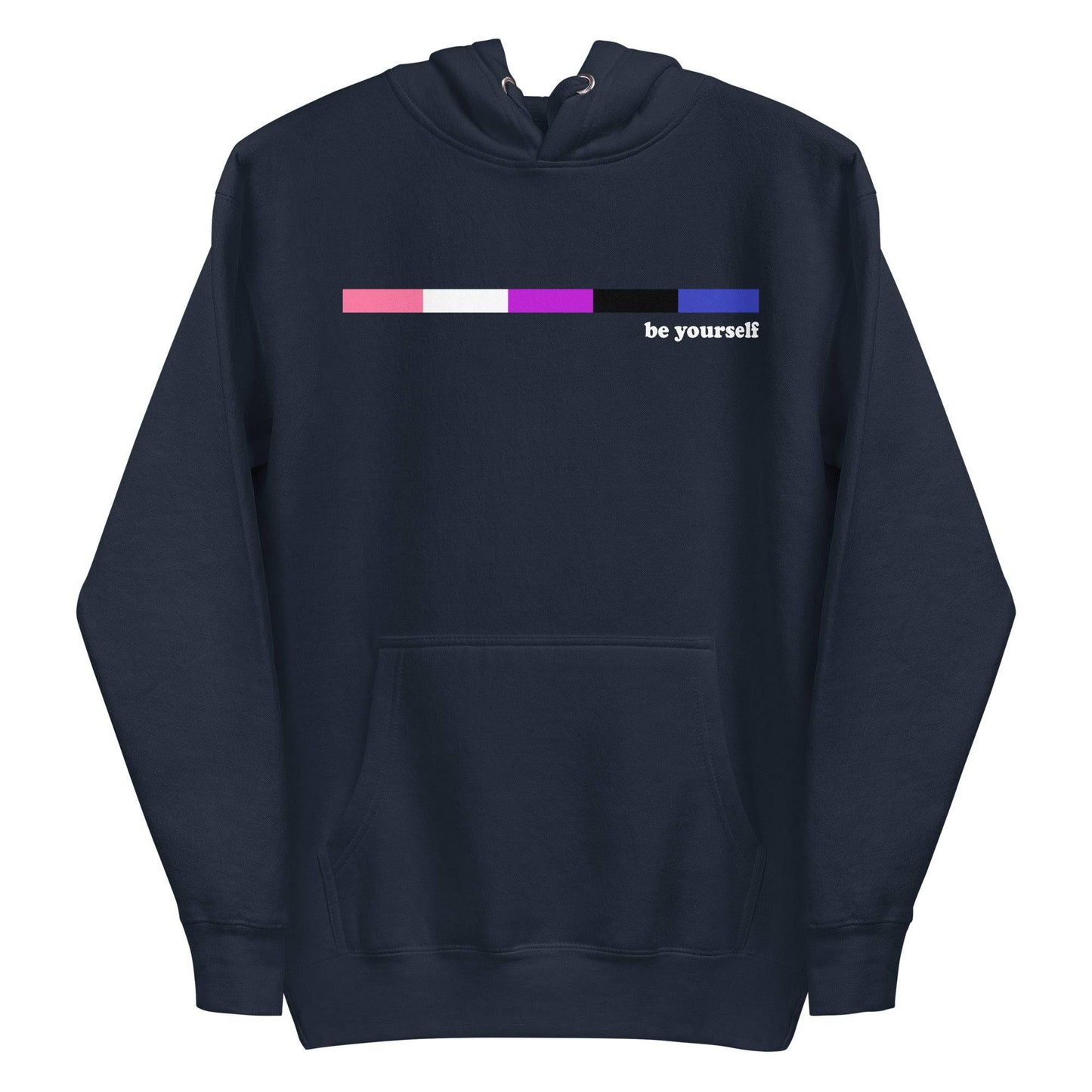 Introducing the Pridelity Genderfluid Hoodie, a navy blazer hoodie that celebrates self-expression with a color bar featuring horizontal stripes in pink, white, purple, and black. Accompanying the vibrant design are the empowering words "be yourself." This cozy hoodie also includes a front pocket and a drawstring hood for added comfort and style.