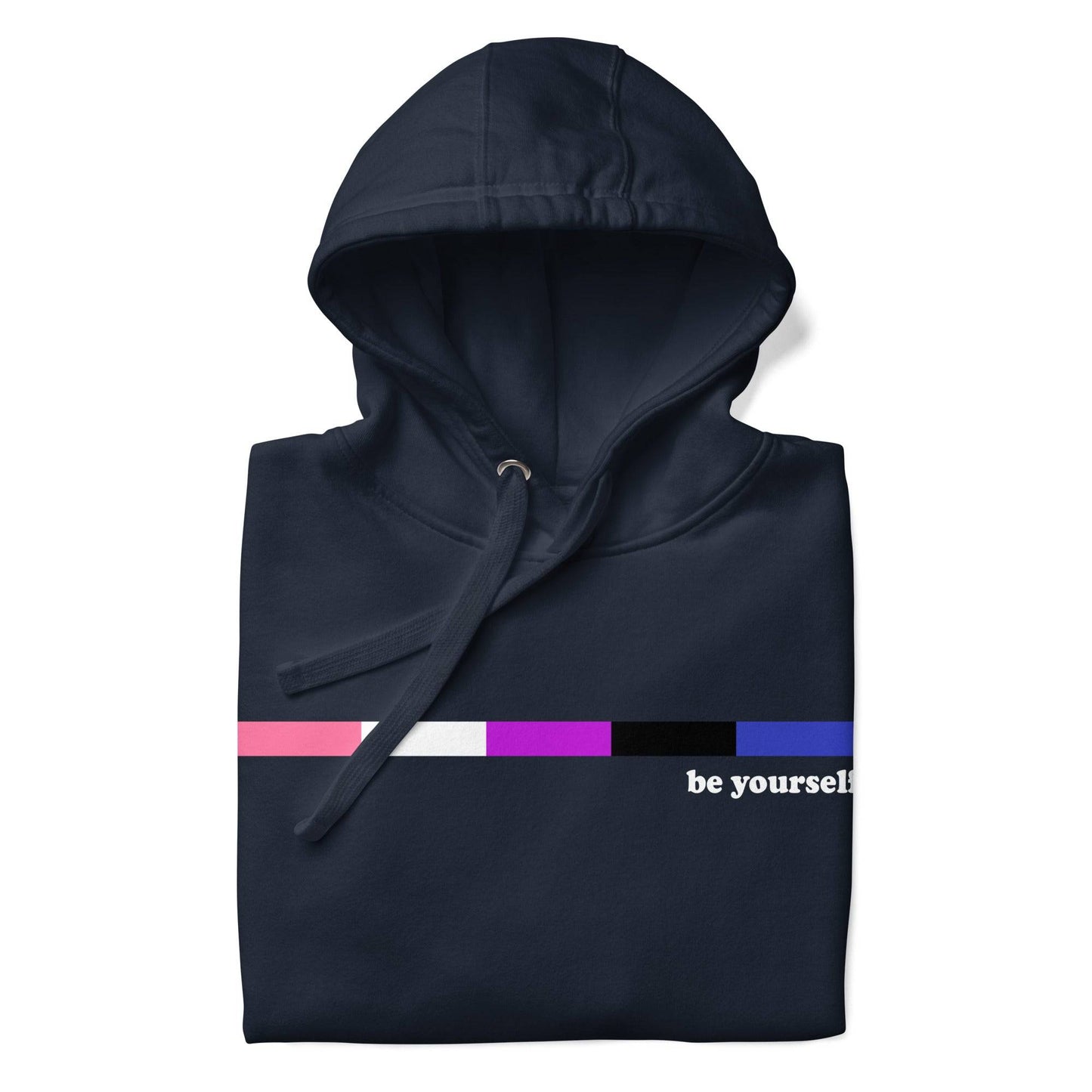 Introducing the Pridelity Genderfluid Hoodie, a navy blazer hoodie that celebrates self-expression with a color bar featuring horizontal stripes in pink, white, purple, and black. Accompanying the vibrant design are the empowering words "be yourself." This cozy hoodie also includes a front pocket and a drawstring hood for added comfort and style.