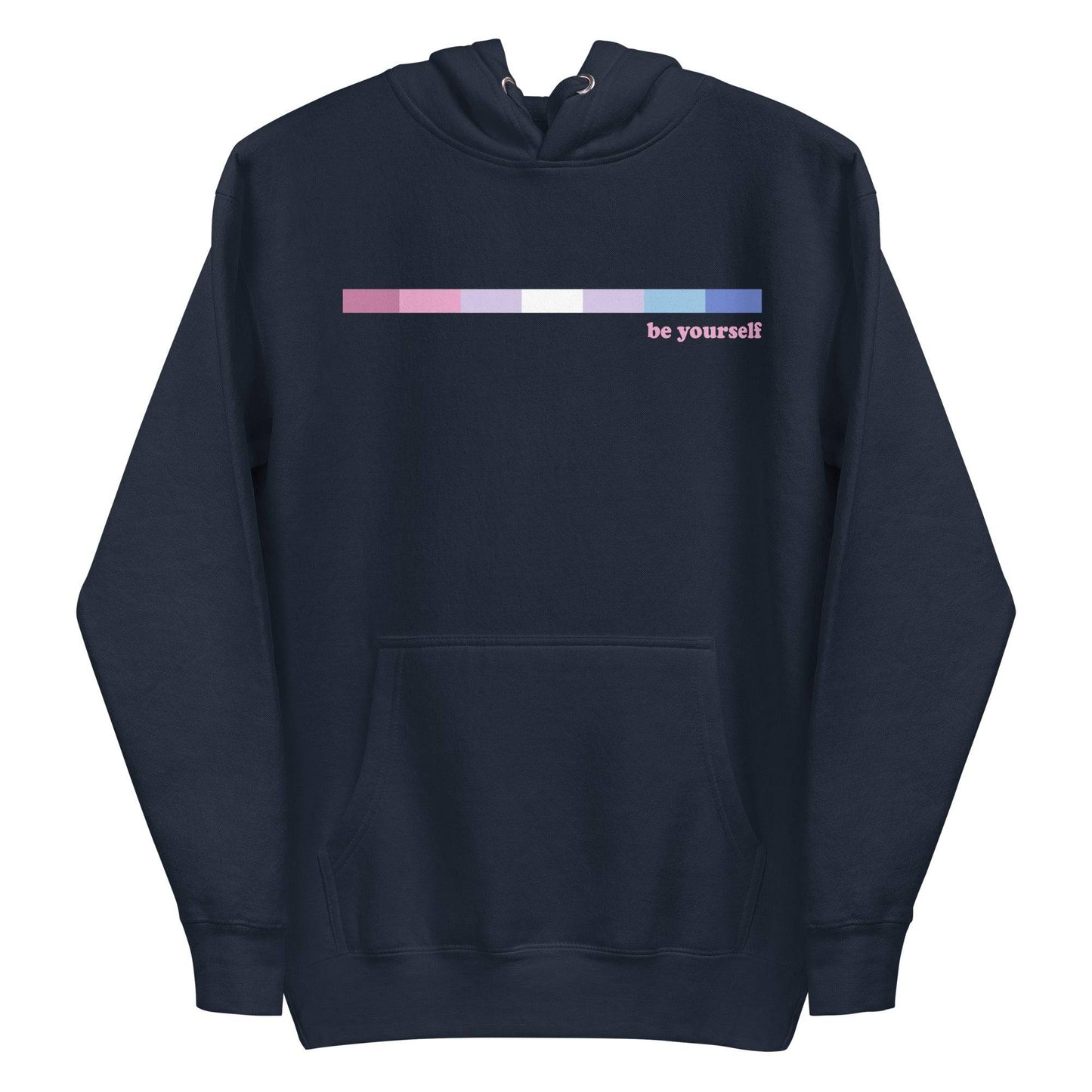 Introducing the Bigender Hoodie from Pridelity's Pride Collections, available in maroon. This hoodie showcases a front pocket and a beautiful horizontal gradient in pink and purple shades, with the phrase "be yourself" elegantly displayed in white on the right side of the chest.