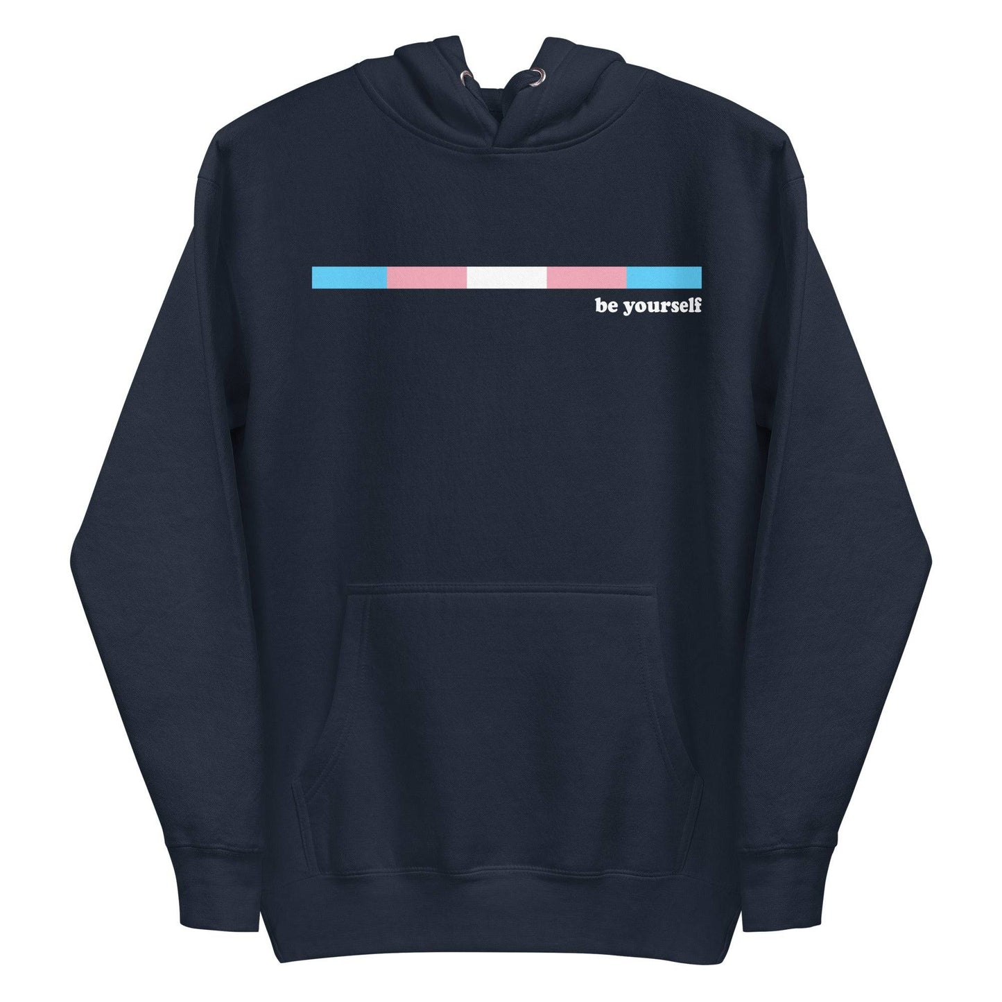 Celebrate your LGBTQ+ pride with Pridelity's Trans Hoodie in Team Royal. This stylish hoodie features a front pocket and a thin horizontal gradient bar of blue, pink, and white. Next to it, you'll find the empowering message "be yourself" printed in crisp white.