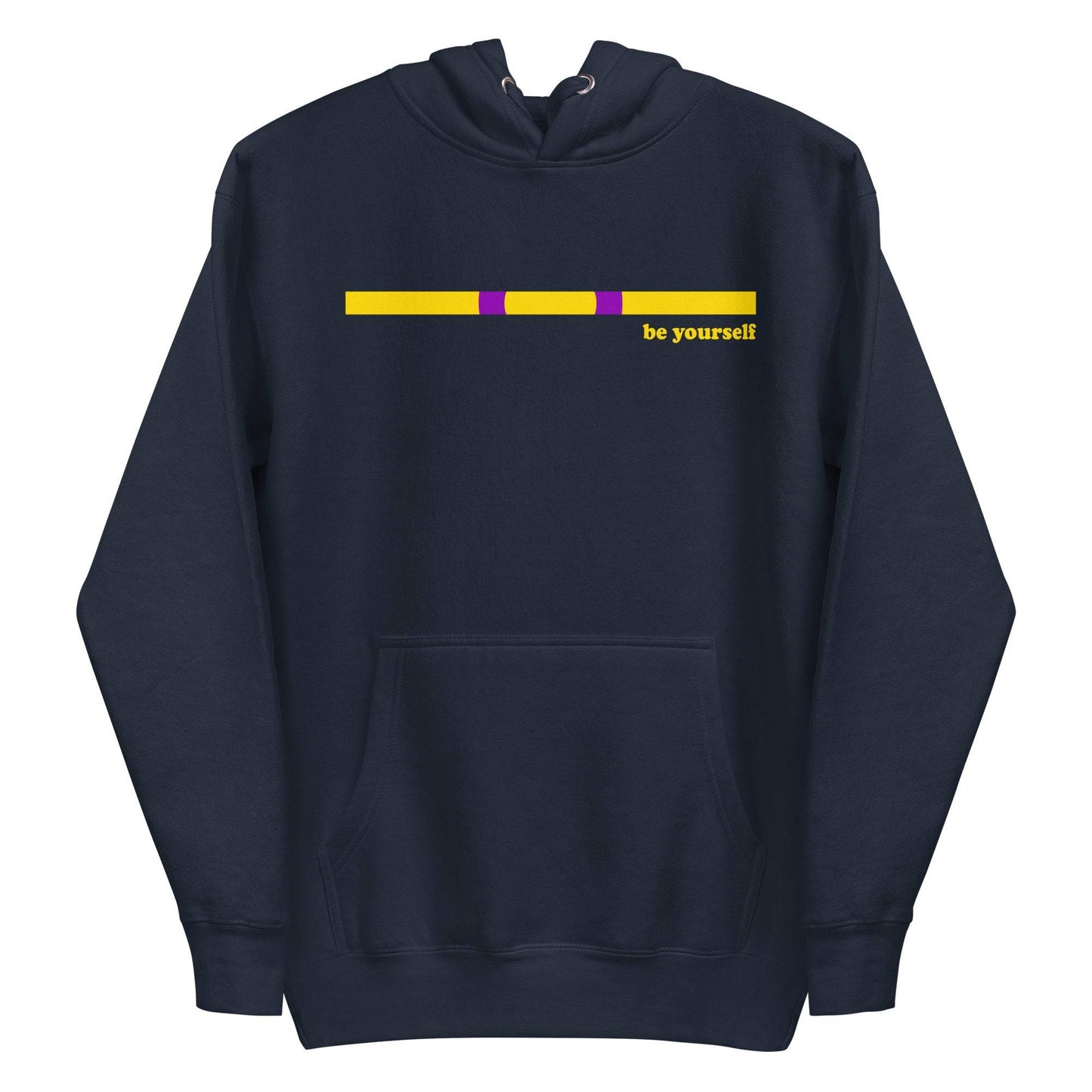 The Intersex Hoodie by Pridelity, in black, features a horizontal yellow and purple bar above the chest with "be yourself" in yellow on the right. It includes a front pocket and drawstring hood, offering a comfortable yet empowering style.
