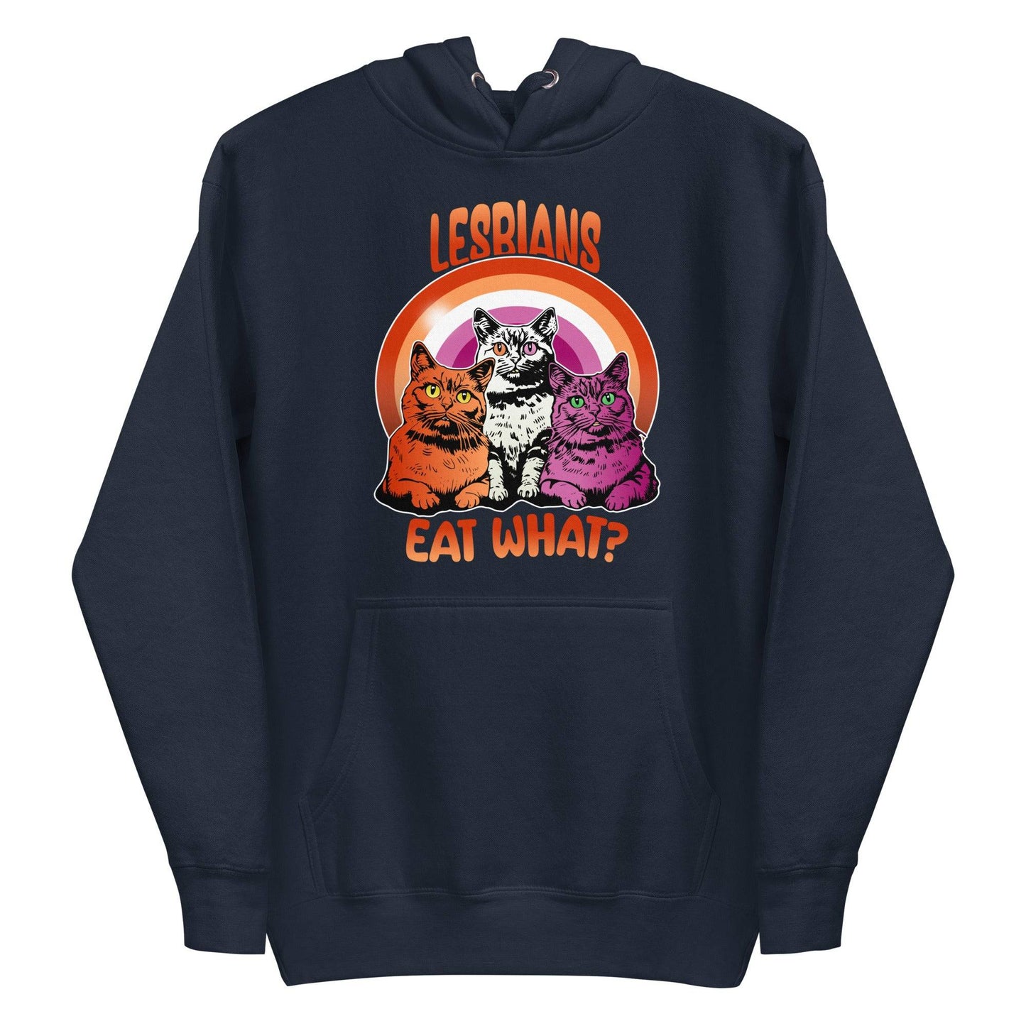 The maroon "Lesbians Eat What?" hoodie from Pridelity features three vibrant cats set against a rainbow background. The word "Lesbians" is prominently displayed above, with the humorous phrase "Eat What?" boldly written below, making it an ideal pride garment for those who want to express their style and humor.