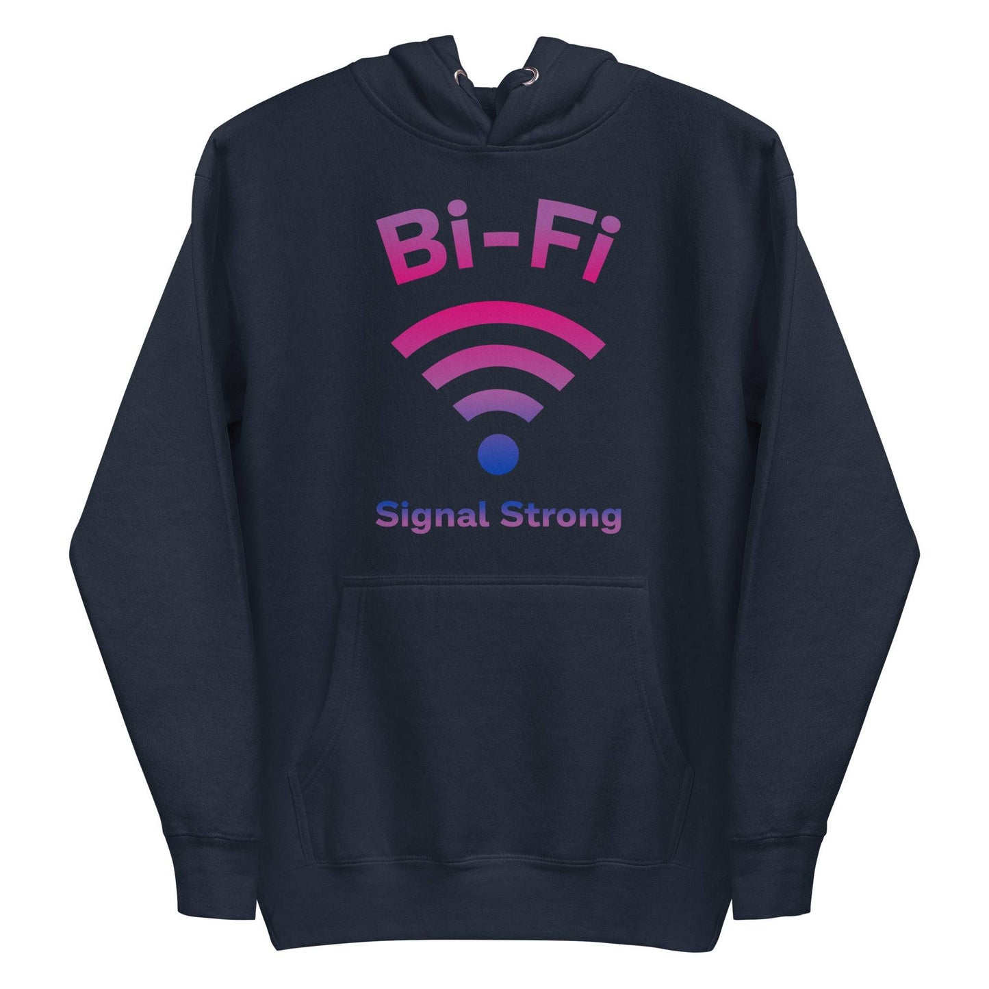Introducing the Bi-Fi Hoodie by Pridelity, a stylish white hoodie from the Pride Collection. It features "Bi-Fi Signal Strong" in vibrant pink and purple text with a Wi-Fi symbol design—perfect Pride merch to showcase your connection and style.