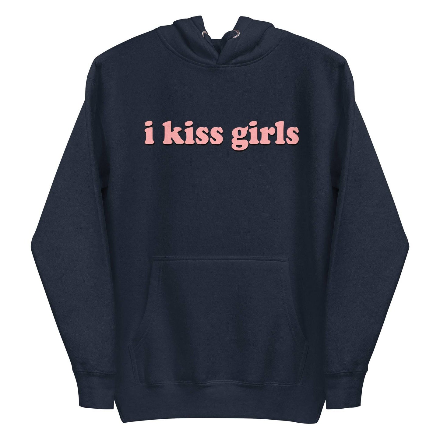 The "I Kiss Girls" Hoodie by Pridelity is a pride celebration in dusty rose, featuring bold, light pink lettering on the front, along with a convenient front pocket and drawstring hood.