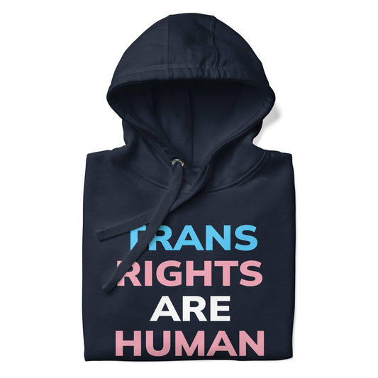 Introducing the Trans Rights Hoodie from Pridelity's pride collection—this navy blazer hoodie prominently showcases the phrase "TRANS RIGHTS ARE HUMAN RIGHTS" in bold, alternating hues of blue, pink, and white, celebrating LGBTQ+ rights.