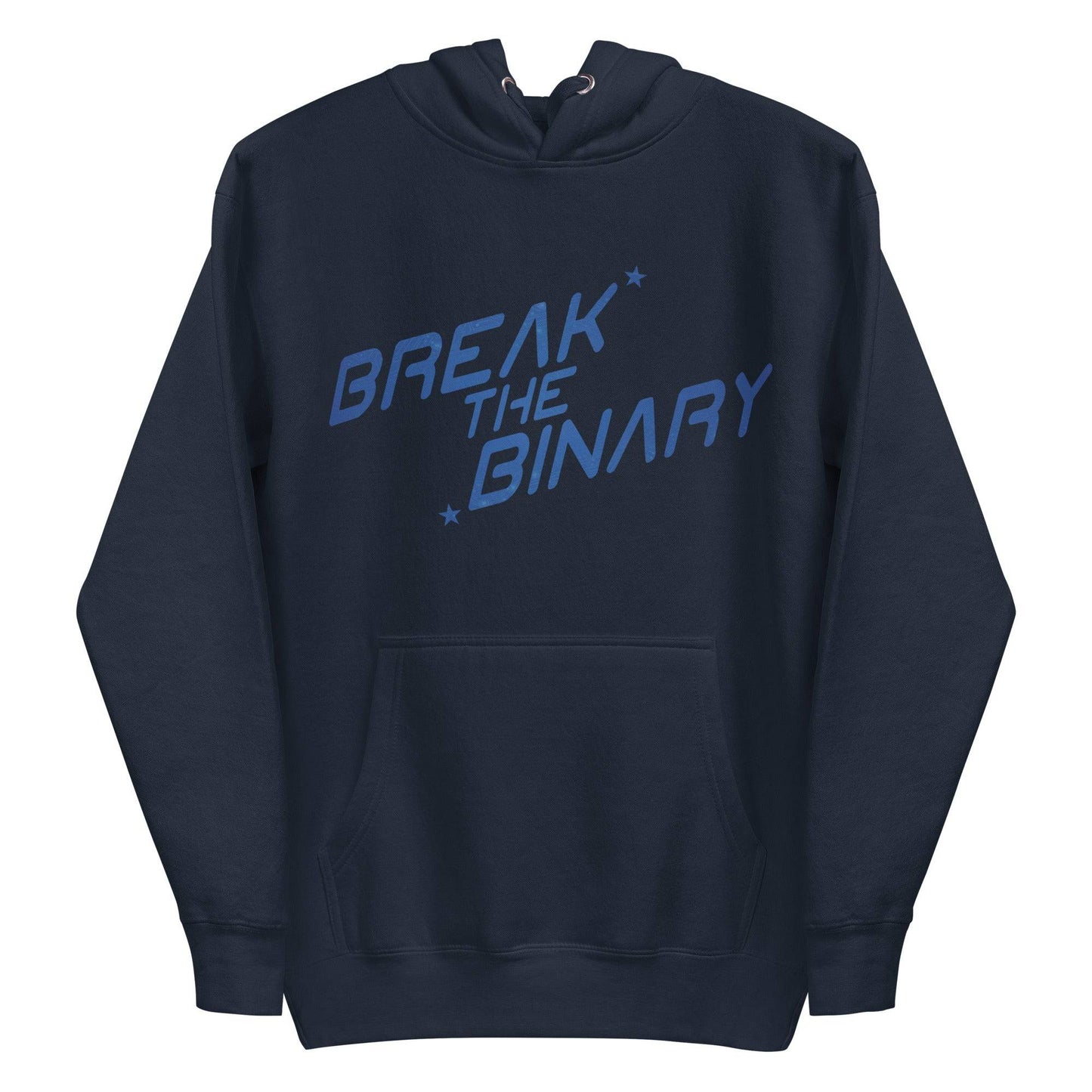 Introducing the "Break The Binary" Hoodie from Pridelity, available in a navy blazer hue. This exclusive piece from our Pride Merch collection showcases bold blue "Break the Binary" lettering across the front, accented by small star motifs and complemented with a convenient front pocket.