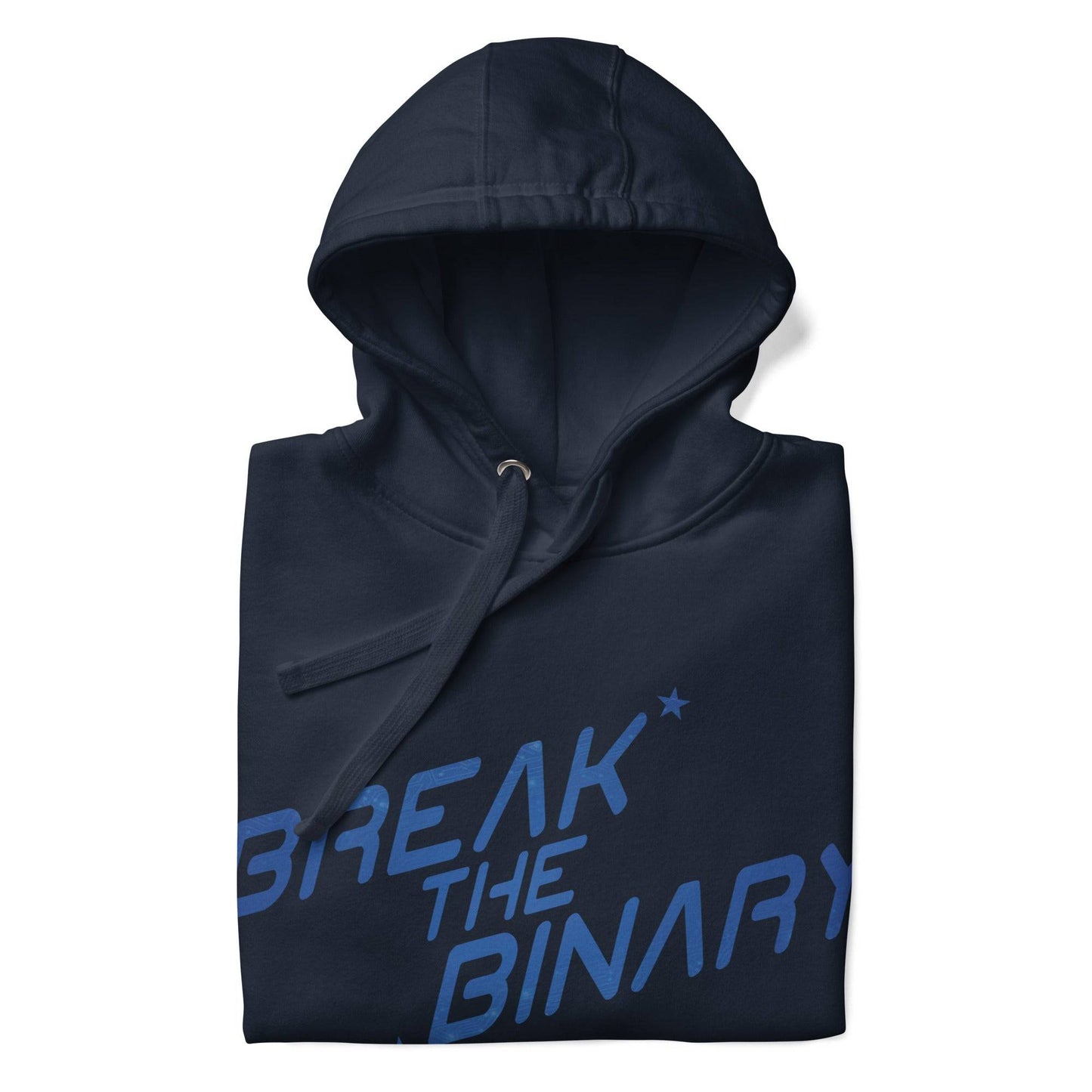 Introducing the "Break The Binary" Hoodie from Pridelity, available in a navy blazer hue. This exclusive piece from our Pride Merch collection showcases bold blue "Break the Binary" lettering across the front, accented by small star motifs and complemented with a convenient front pocket.