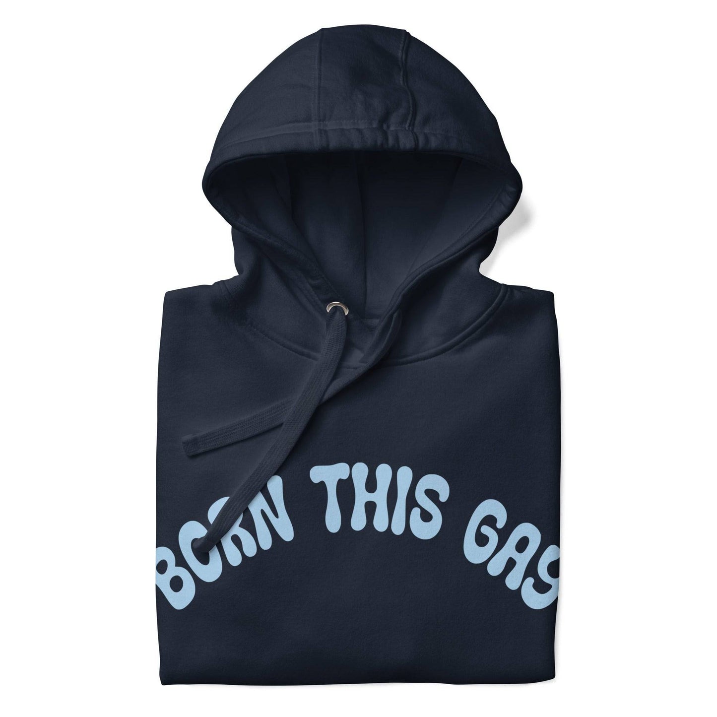 This navy blazer hoodie from Pridelity's Pride Collection prominently features "BORN THIS GAY" in light blue across the chest, complete with a convenient front pocket and a cozy drawstring hood, making it an essential piece of Pride Merch.