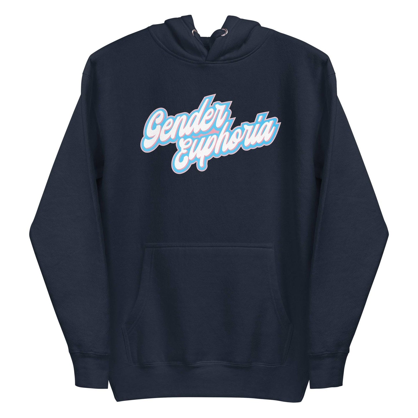 Introducing the Pridelity Gender Euphoria Hoodie, a stylish white piece adorned with "Gender Euphoria" in elegant blue and pink script across the chest. It features a front pocket and adjustable hood drawstrings for added comfort.
