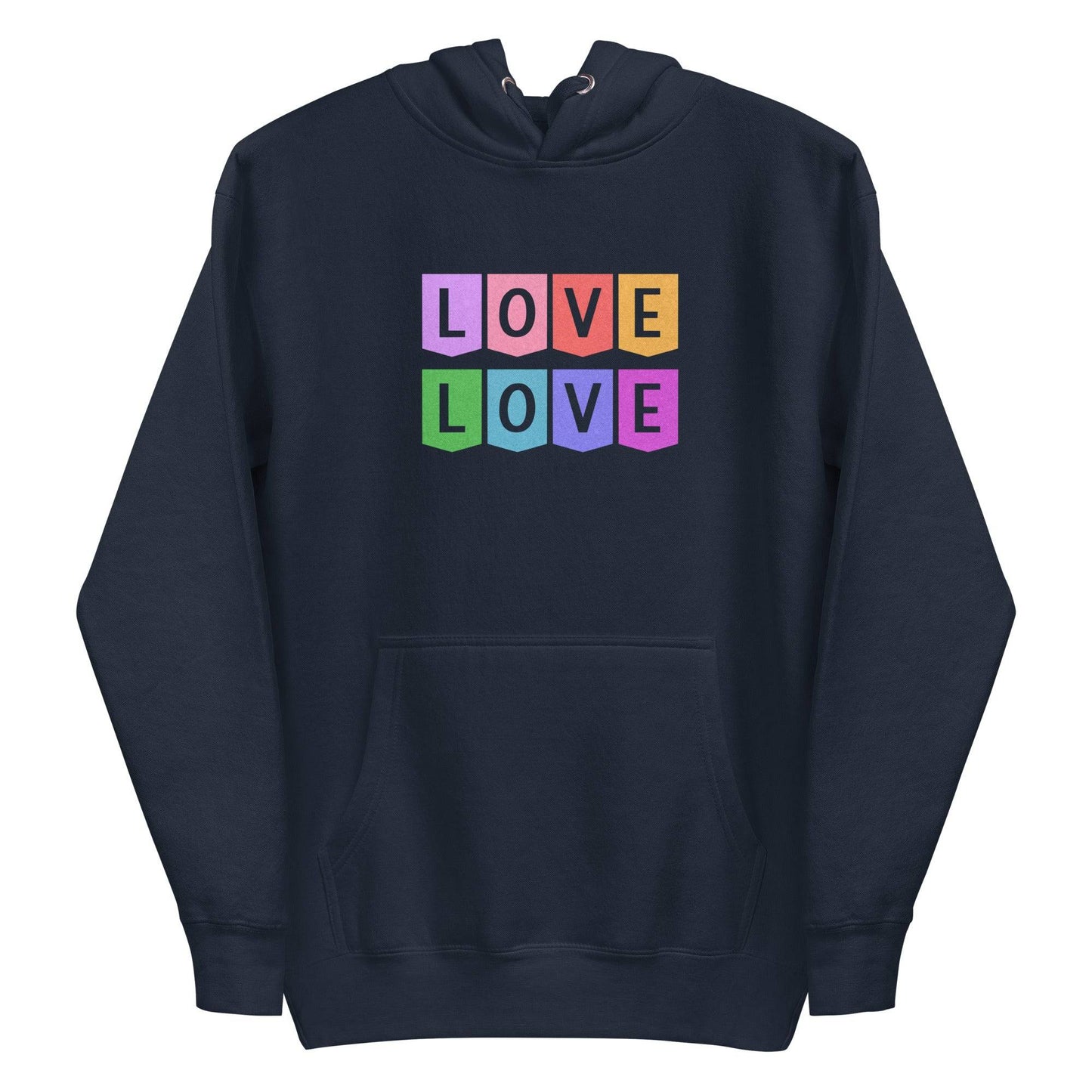 The Pridelity Love Love Hoodie is a white hoodie showcasing a colorful block design on the chest, with the word "LOVE" written twice and each letter featured in its own square. The vibrant colors—pink, purple, orange, green, and blue—make it an ideal addition to your pride shirts collection. It also includes a front pocket and drawstring hood for added comfort and style.