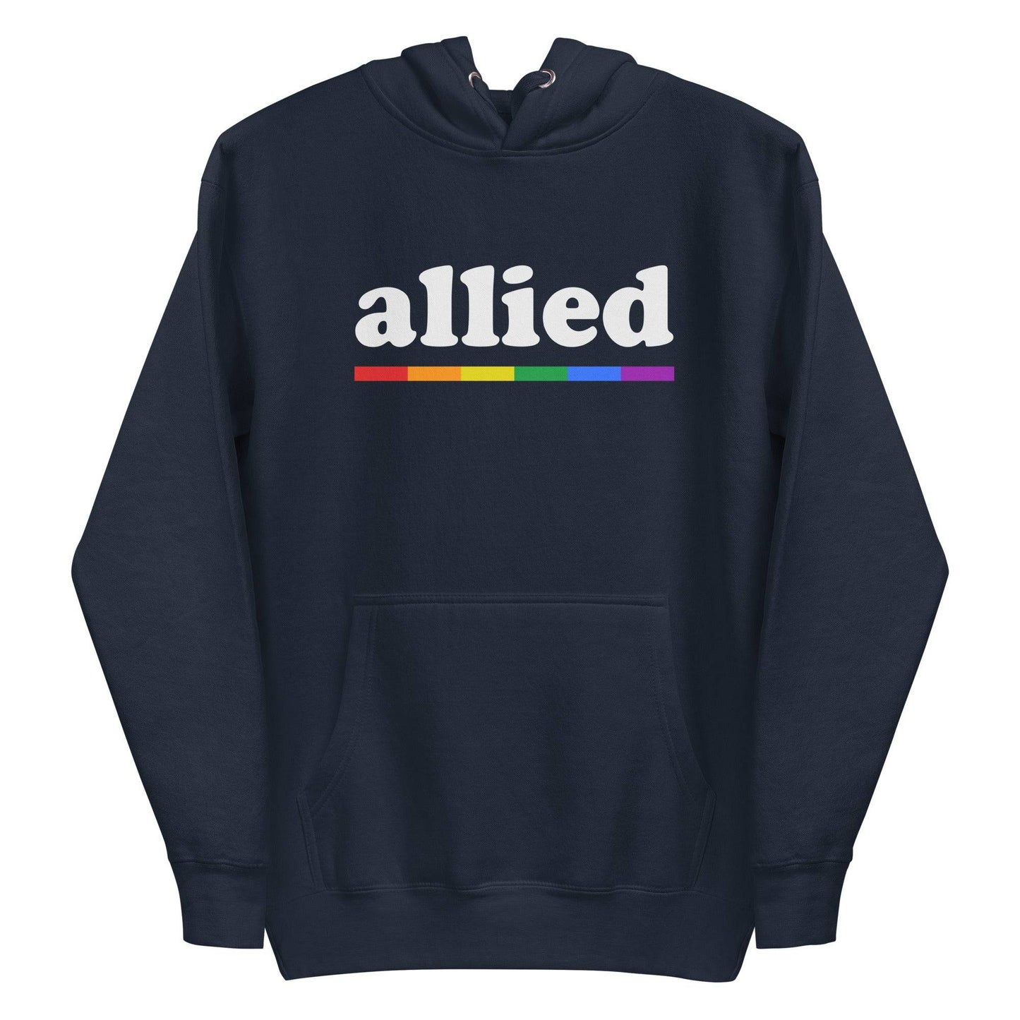 Introducing the Allied Hoodie by Pridelity: a black hoodie that showcases the word "allied" in white text above a striking rainbow stripe, making it a standout piece from our Pride Collections.