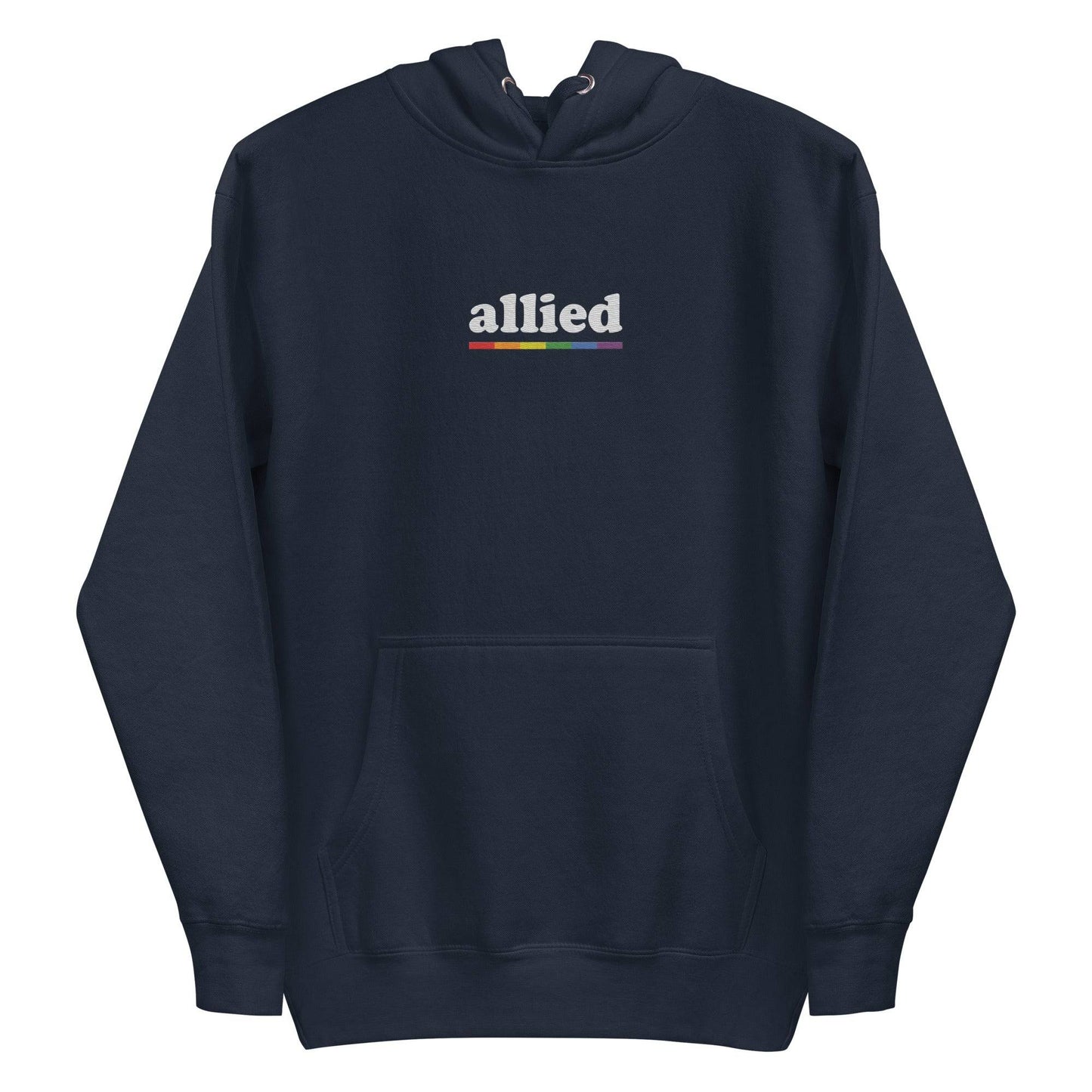 The Allied Hoodie by Pridelity is a black hoodie adorned with the word "allied" in white text across the chest, accompanied by a vibrant horizontal rainbow stripe below. This piece of Pride Merch features a front pocket and a drawstring hood, effortlessly combining comfort with meaningful expression.