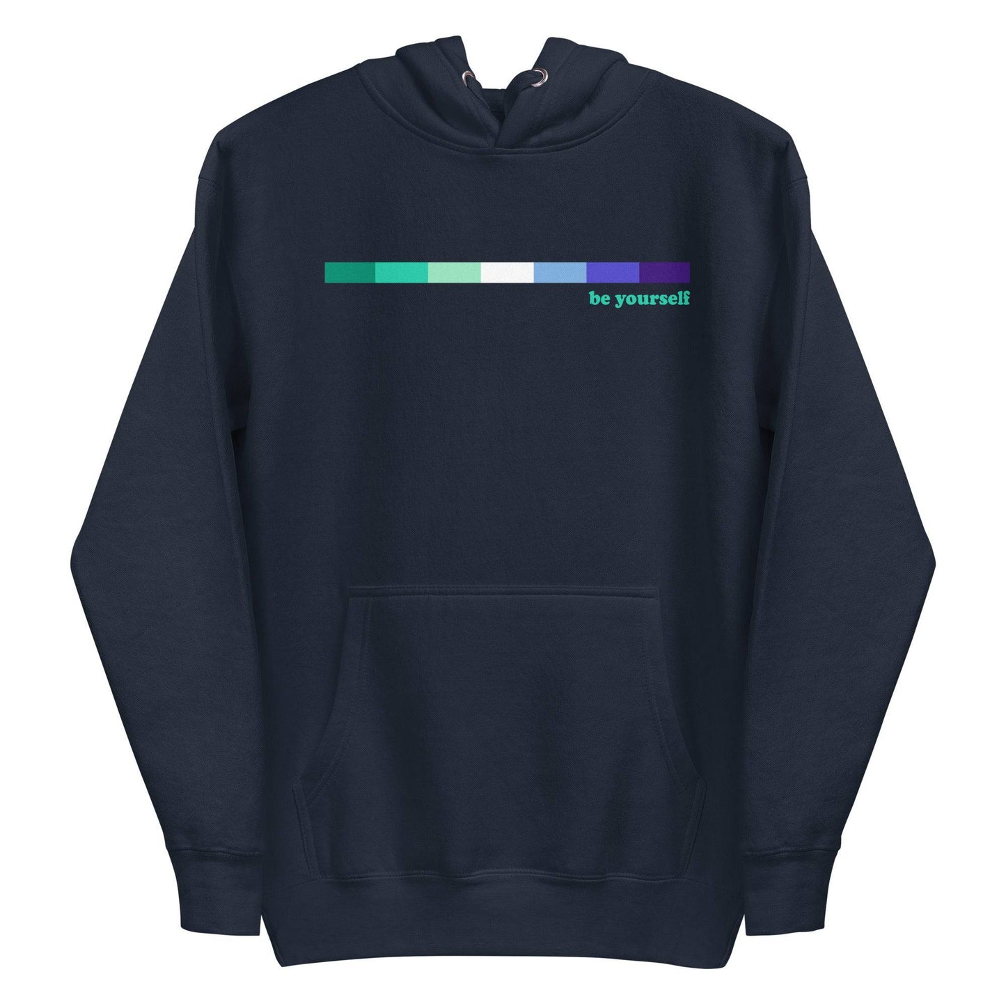 The Pridelity Gay Men Hoodie in Navy Blazer showcases a series of horizontal color blocks in shades of green, blue, and teal. The phrase "be yourself" is elegantly printed in light green on the right side of the color blocks. This hoodie also features a handy front pocket for added convenience.