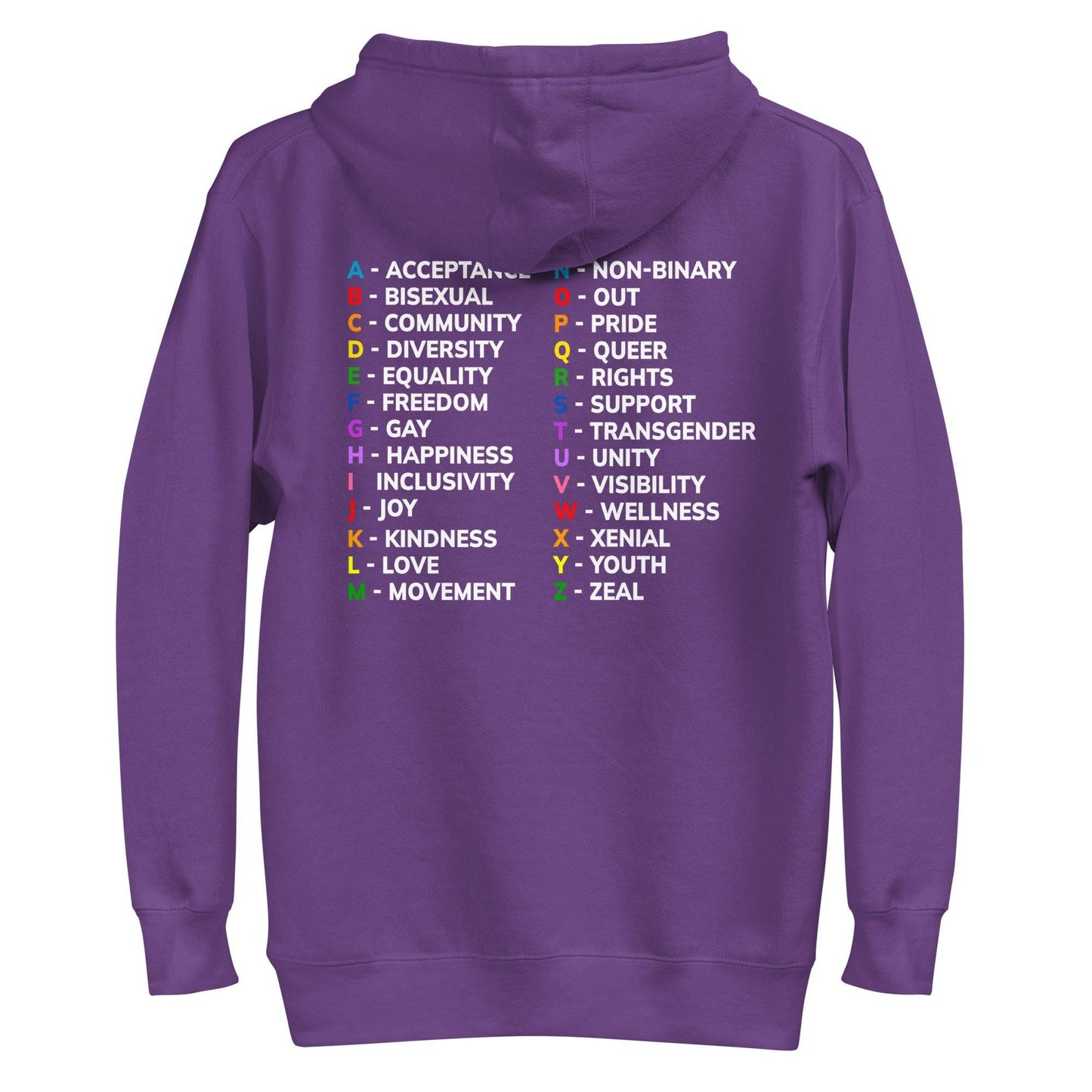 Purple Alphabet Hoodie displaying LGBTQ+ pride-themed words for each letter, bold colorful text, and a relaxed fit. Ideal pride apparel.