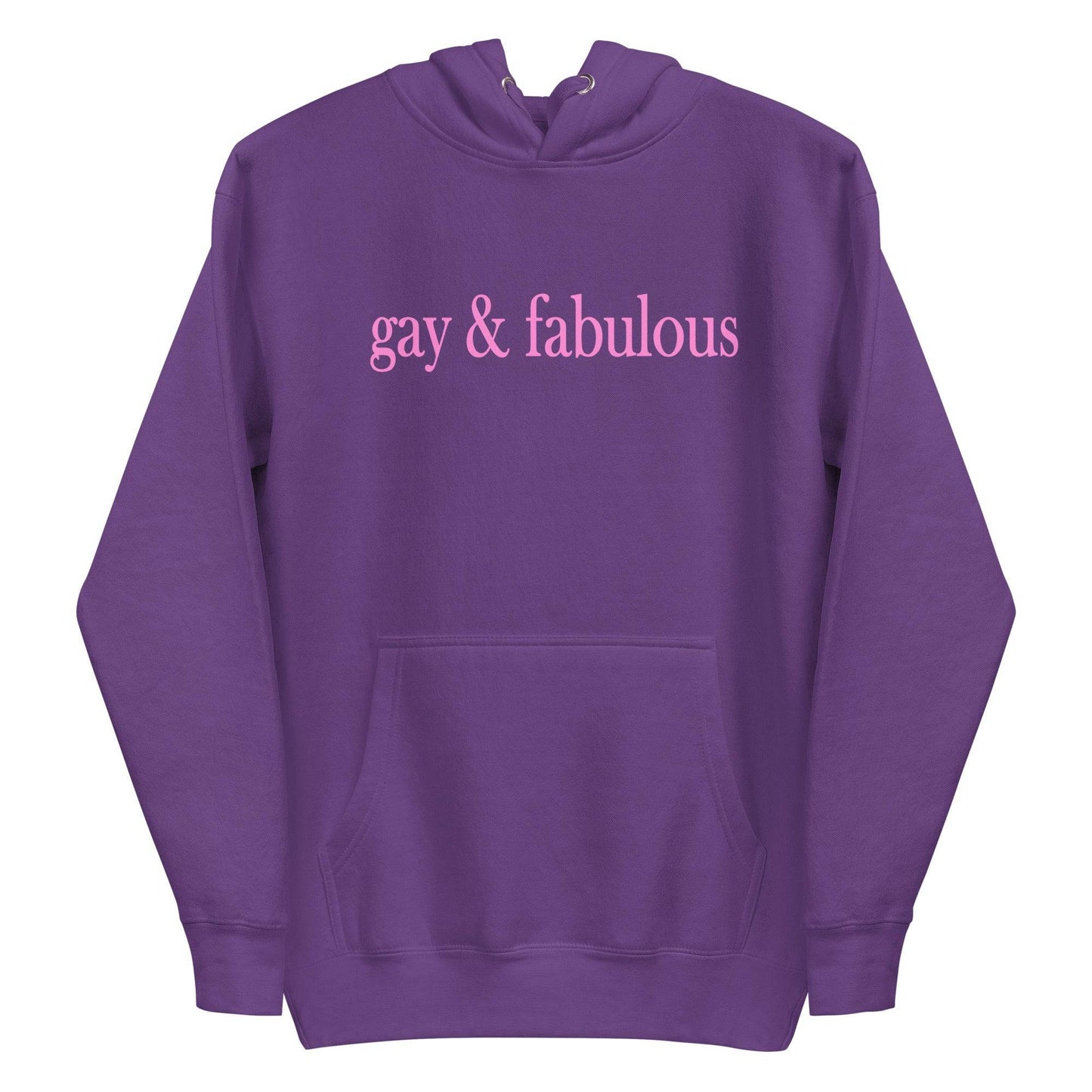 Introducing the Pridelity "Gay & Fabulous" Hoodie in maroon, featuring a front pocket and the phrase "gay & fabulous" prominently displayed in pink across the chest.