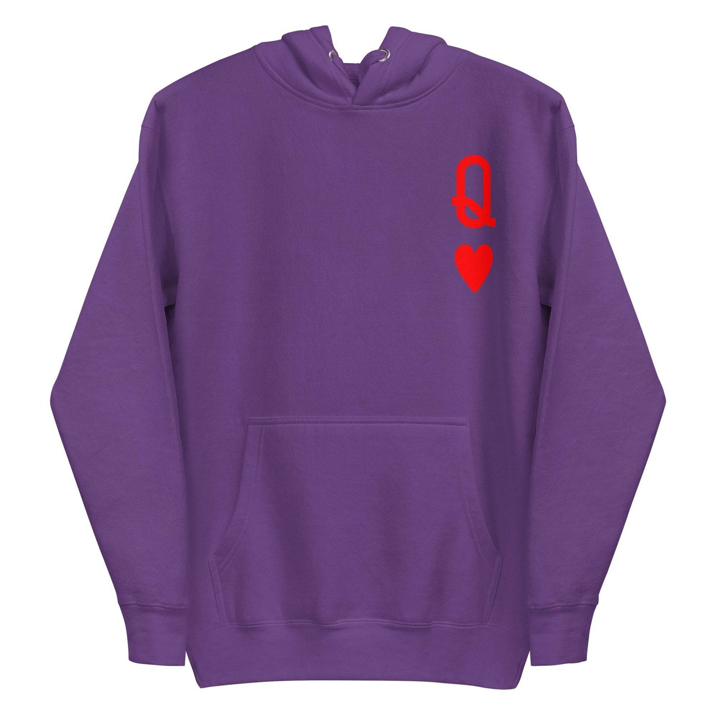 Presenting the Queen of Hearts Hoodie by Pridelity: a white hoodie adorned with a red "Q" topped with a crown-like loop and a red heart below it on the chest, capturing the essence of a playing card. As part of our Pride Collection, this cozy garment celebrates LGBTQ+ identity, complete with a front pocket and drawstring hood.