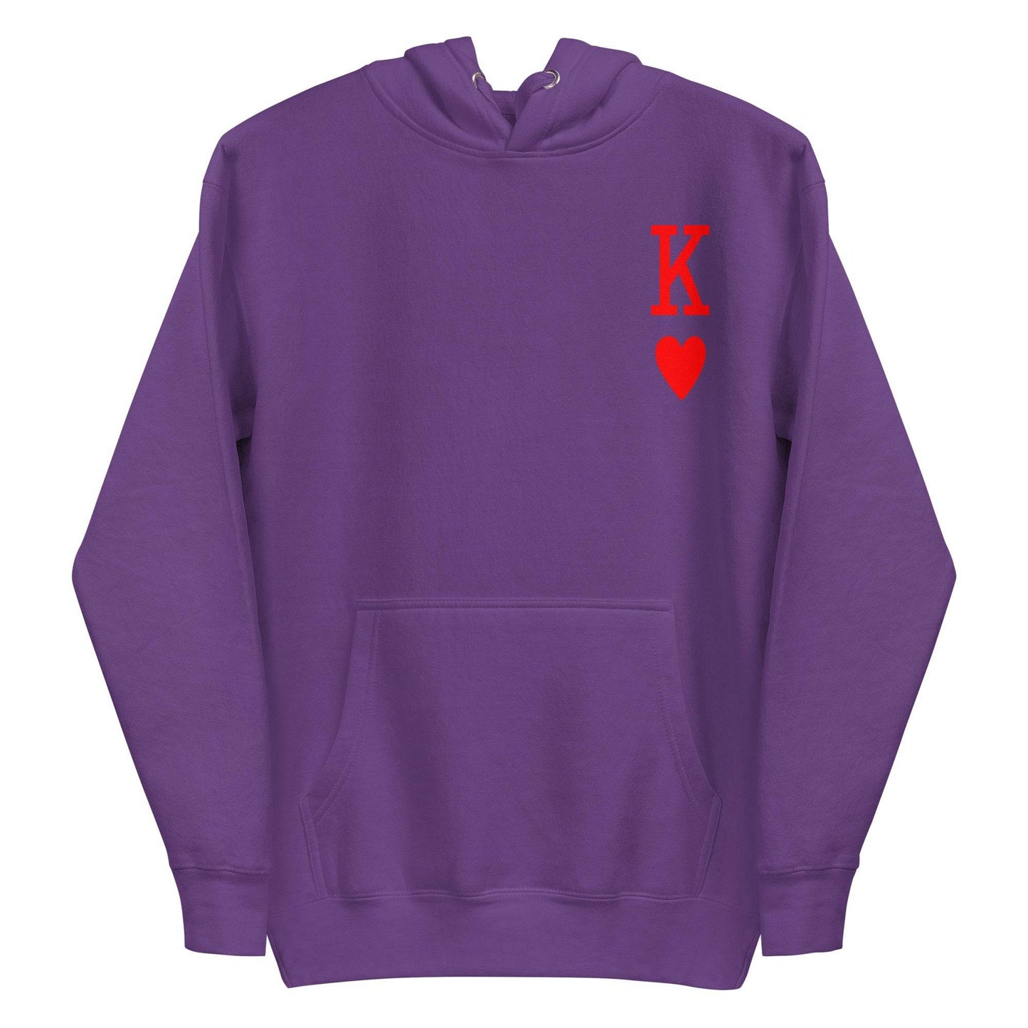 White King of Hearts Hoodie by Pridelity, adorned with a red "K" and heart symbol on the upper left side, reminiscent of a playing card design. Ideal for individuals who appreciate distinctive pride apparel with a timeless touch.