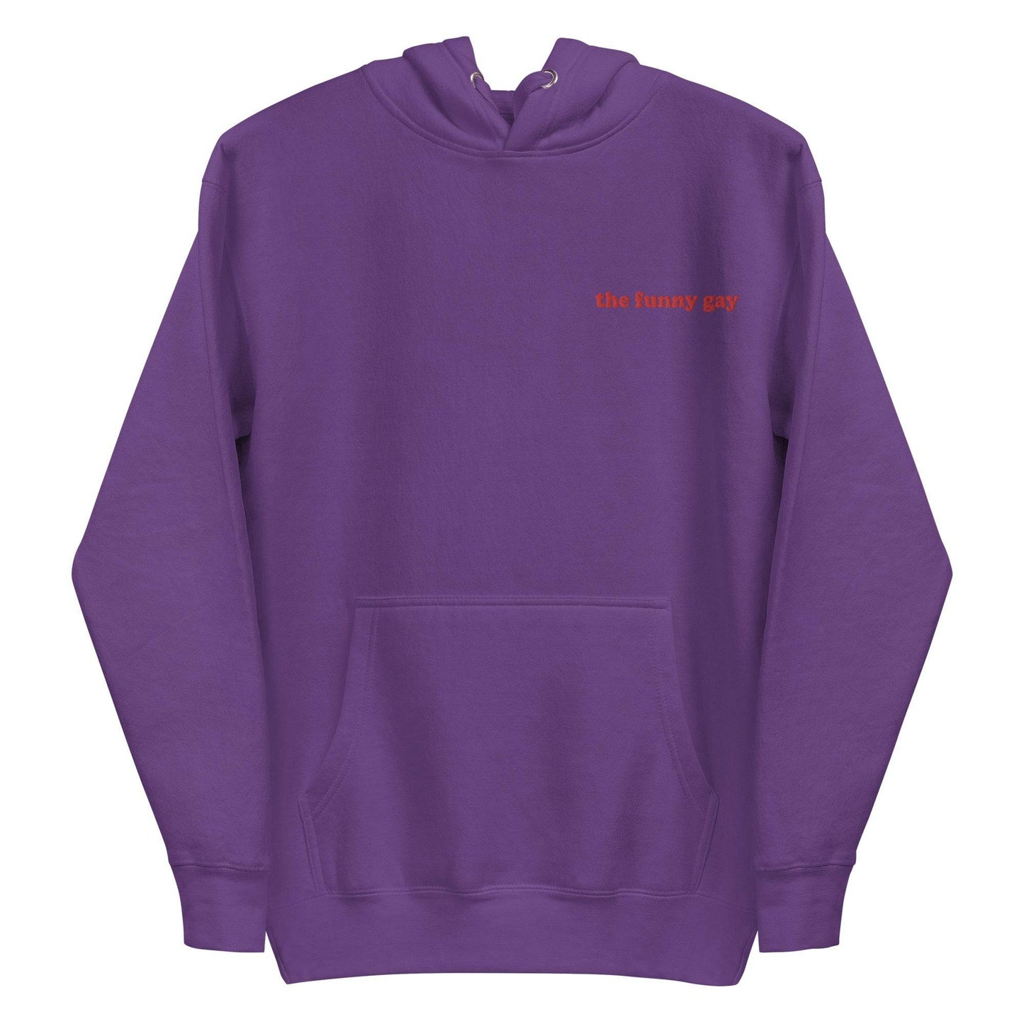 Introducing The Funny Gay Hoodie from Pridelity's pride collection – this black hoodie boasts a convenient front pocket and showcases the phrase "the funny gay" elegantly embroidered in small red letters on the upper left side. Celebrate your style with a nod to LGBTQ+ pride.