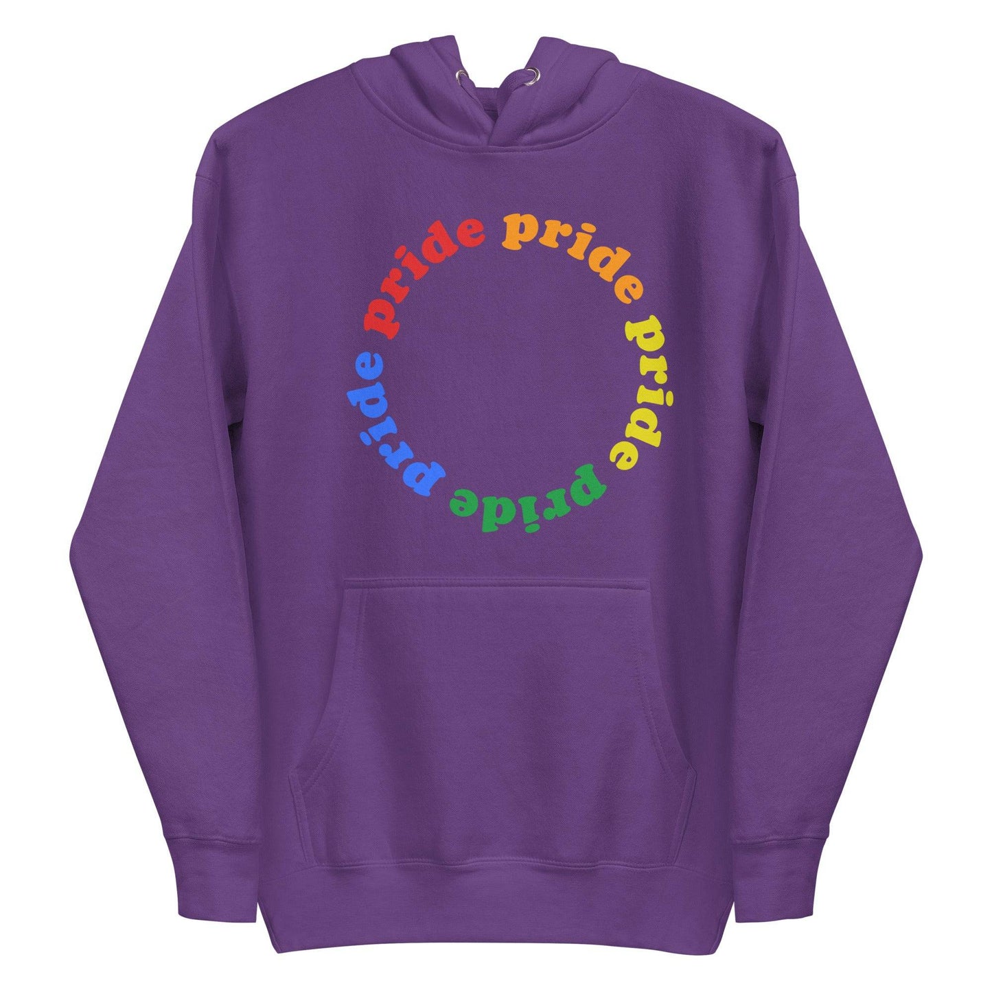 Introducing the Pride Circle Hoodie by Pridelity, a stylish white hoodie that celebrates pride with a captivating circular design featuring the word "pride" in vibrant rainbow-gradient letters. This cozy garment perfectly blends the classic appeal of traditional pride shirts with modern comforts like a front pocket and drawstring hood.