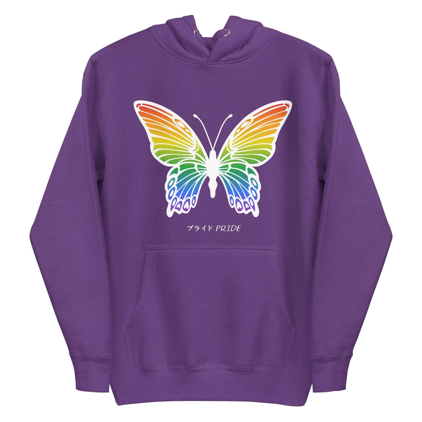 Explore the Butterfly Pride Hoodie from Pridelity, a standout piece from our Pride Collection. This purple hoodie features an impressive butterfly with vibrant rainbow wings. The design is beautifully complemented by the word "PRIDE," artistically presented in both English and Japanese, perfect for celebrating love and diversity with every wear.