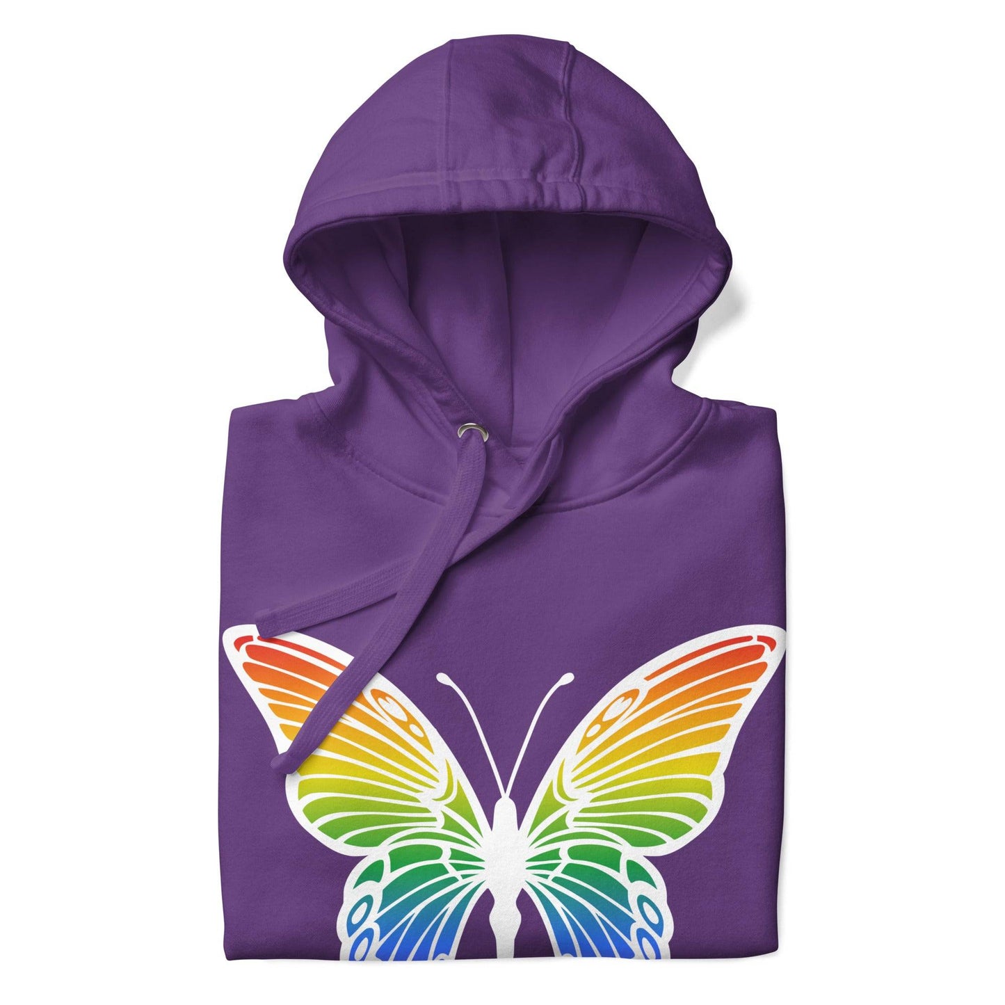Explore the Butterfly Pride Hoodie from Pridelity, a standout piece from our Pride Collection. This purple hoodie features an impressive butterfly with vibrant rainbow wings. The design is beautifully complemented by the word "PRIDE," artistically presented in both English and Japanese, perfect for celebrating love and diversity with every wear.