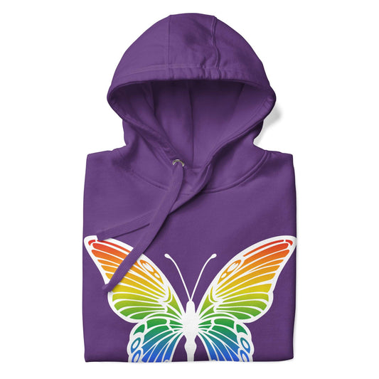 Explore the Butterfly Pride Hoodie from Pridelity, a standout piece from our Pride Collection. This purple hoodie features an impressive butterfly with vibrant rainbow wings. The design is beautifully complemented by the word "PRIDE," artistically presented in both English and Japanese, perfect for celebrating love and diversity with every wear.