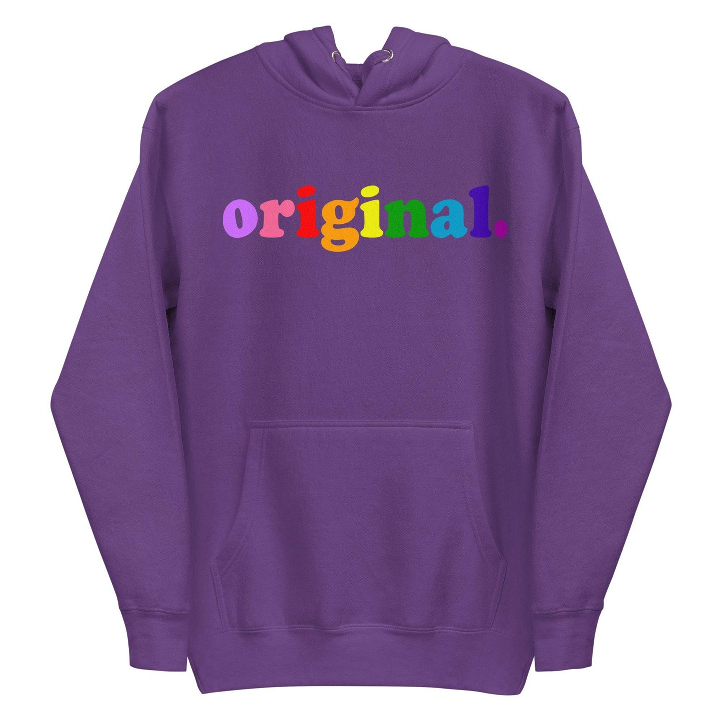 Introducing the Original Hoodie by Pridelity, a black hoodie featuring the word "original" in bold rainbow-colored letters across the chest, capturing the essence of pride shirts. It includes a front pocket and a drawstring hood for both comfort and style.
