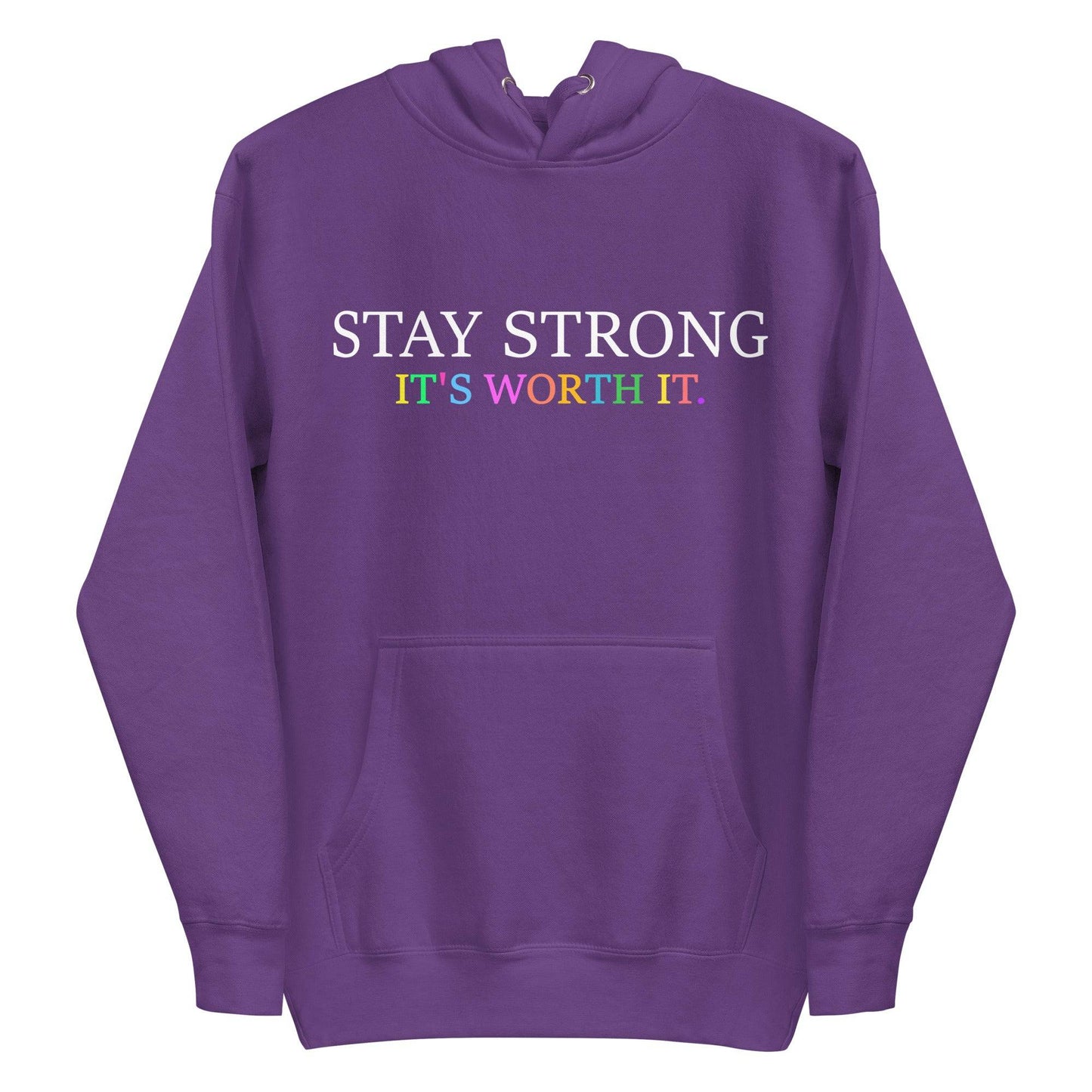 Introducing the "Stay Strong Hoodie" from Pridelity! This black hoodie, part of the pride collection, features a striking design with "STAY STRONG" in white and "IT'S WORTH IT" in vibrant, colorful letters on the front. It's the perfect way to show your support while adding a splash of LGBTQ+ pride to your wardrobe.