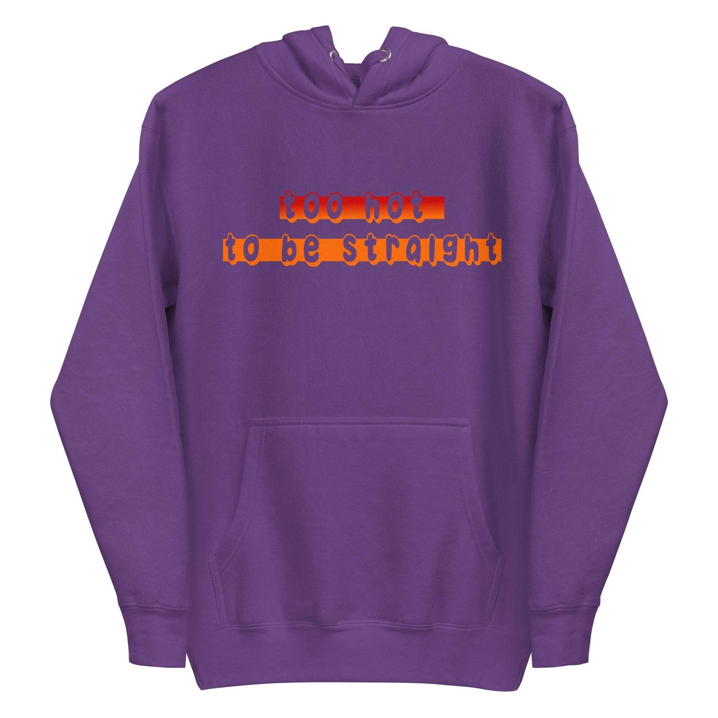 Pridelity's "Too Hot To Be Straight" hoodie is a black garment featuring a front pocket and the phrase in bold, colorful letters across the chest, part of their pride collection celebrating the LGBTQ+ community.