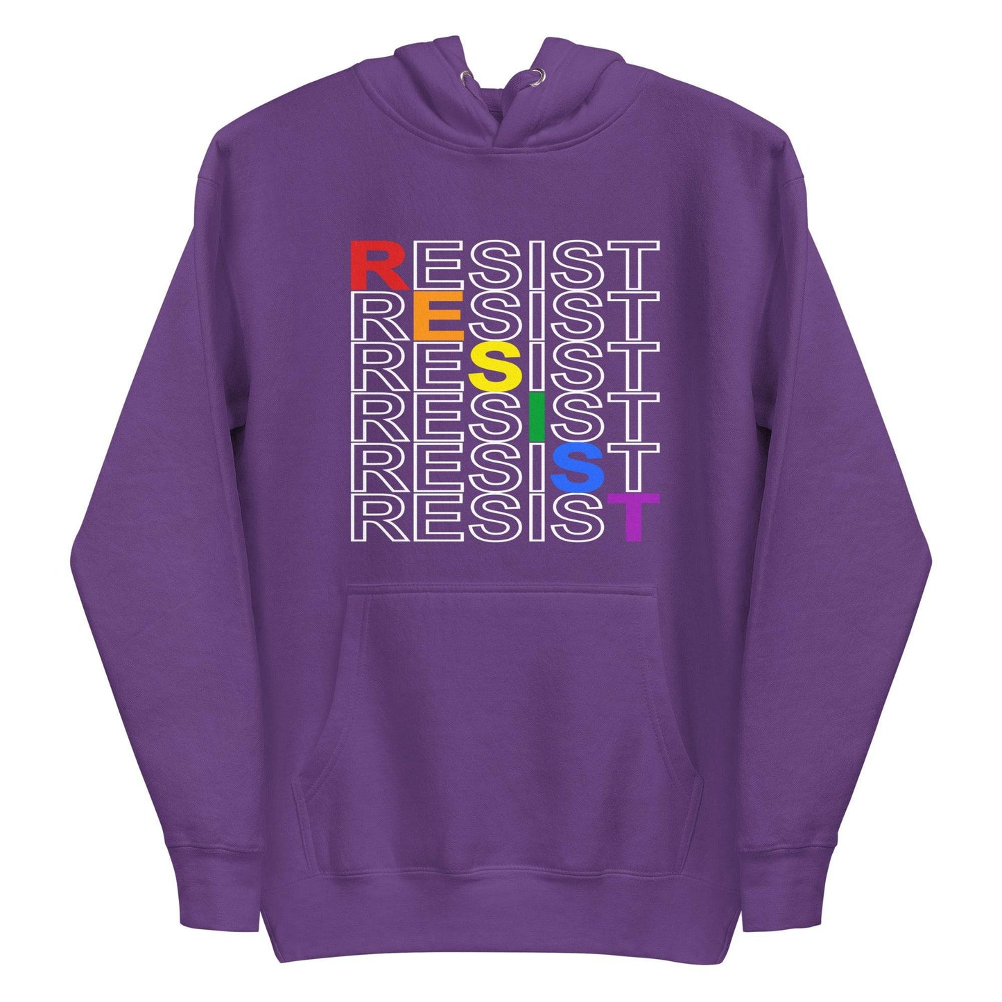 Pridelity's Resist Hoodie from the pride collection is black and showcases the word "RESIST" in white, repeated with a slight shift. Each letter in "RESIST" is adorned in vibrant LGBTQ+ colors: red, orange, yellow, green, blue, and purple.