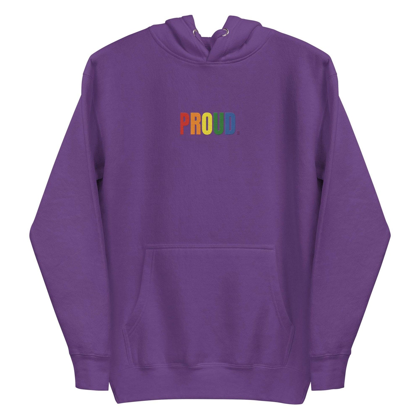 The Proud Hoodie by Pridelity is a white hoodie featuring "PROUD." in vibrant rainbow colors on the front, capturing the essence of pride shirts. It includes a convenient front pocket and an adjustable drawstring hood.