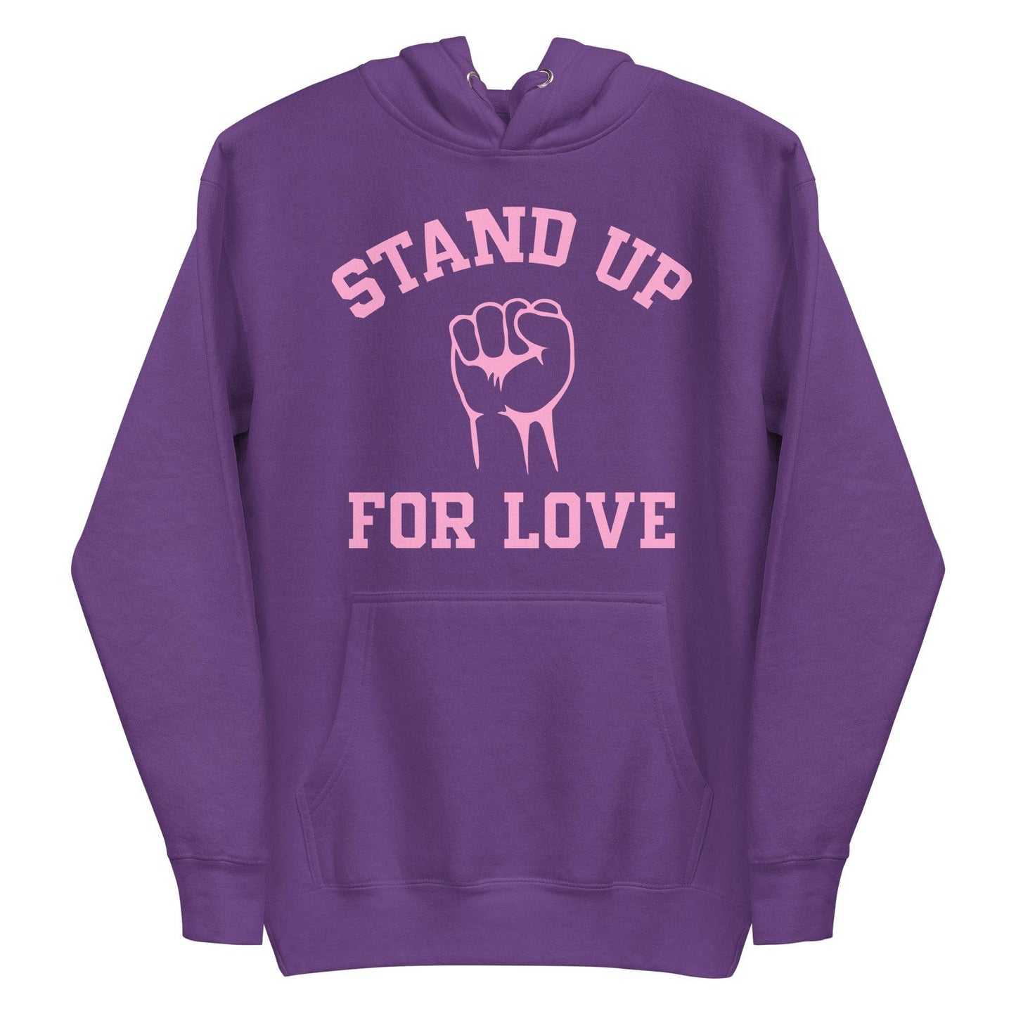 Check out the Stand Up Hoodie by Pridelity, a purple piece from our pride collection, adorned with "Stand Up For Love" in pink and a central raised fist graphic, celebrating LGBTQ+ solidarity.