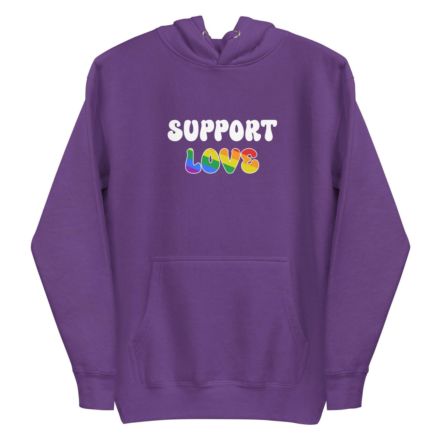 Introducing the "Support Love Hoodie" by Pridelity. This gray hoodie is from our Pride Collection and showcases "SUPPORT LOVE" prominently on the front, with "LOVE" displayed in vibrant rainbow colors. Complete with a front pocket and a drawstring hood, it's the perfect way to embrace inclusivity and show your support for the LGBTQ+ community.
