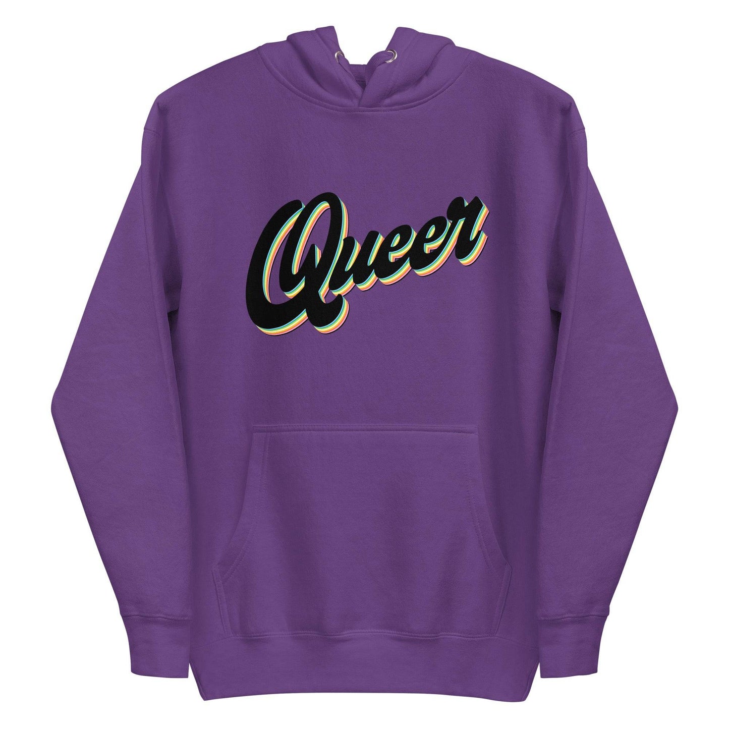 Introducing the Pridelity Queer Hoodie, part of the Pride Collection. This carbon grey hoodie proudly displays "Queer" in bold, multicolored letters with a 3D effect and rainbow accents to celebrate LGBTQ+ spirit. It comes with a front pocket and a hood with drawstrings for added comfort and style.