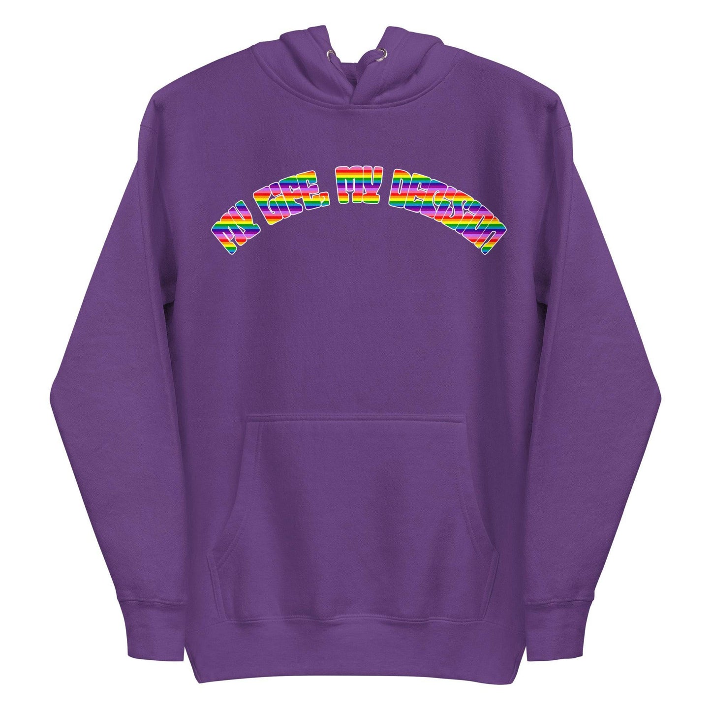 The My Life, My Decision Hoodie by Pridelity is a maroon pride hoodie showcasing "NEO HUMAN" elegantly arched across the chest in vibrant rainbow letters. It includes a front pocket and drawstrings at the hood.