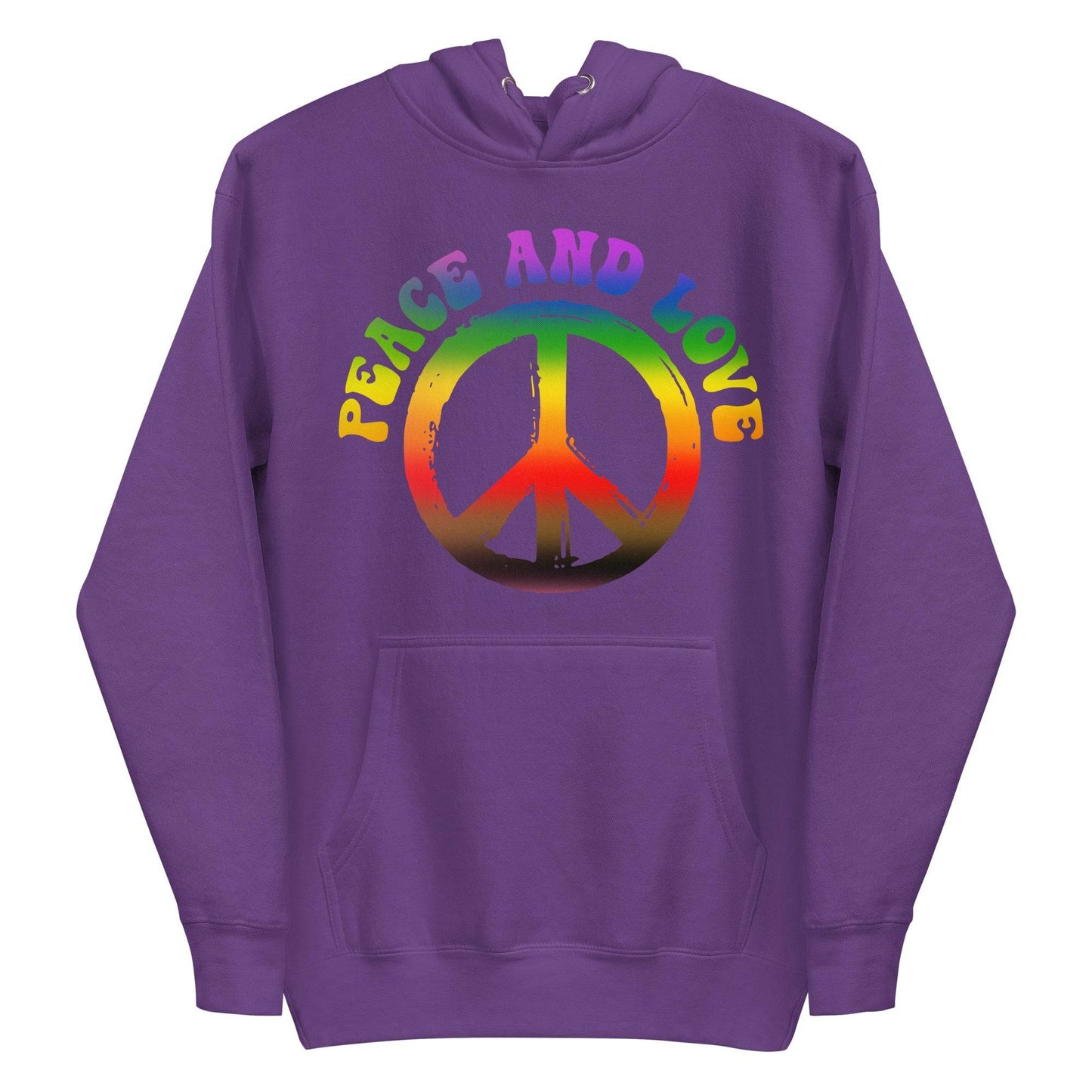 The Peace & Love Hoodie by Pridelity is a white hoodie adorned with a vibrant peace symbol and "Peace and Love" written in rainbow letters, capturing the essence of pride shirts.