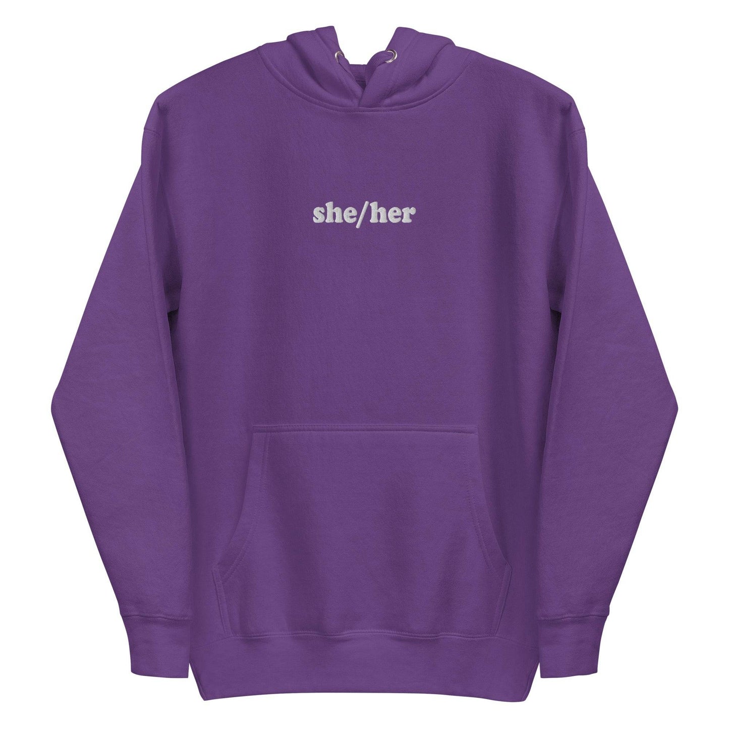 Introducing the She/Her Hoodie from Pridelity's pride collection, crafted in a maroon hue and adorned with "she/her" text in white on the chest. This hoodie features a front pocket and drawstrings at the hood, providing a straightforward and casual style ideal for promoting LGBTQ+ visibility.